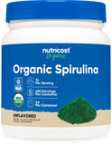 Nutricost envase frontal de spirulina orgánica mostrando cantidad y diseño