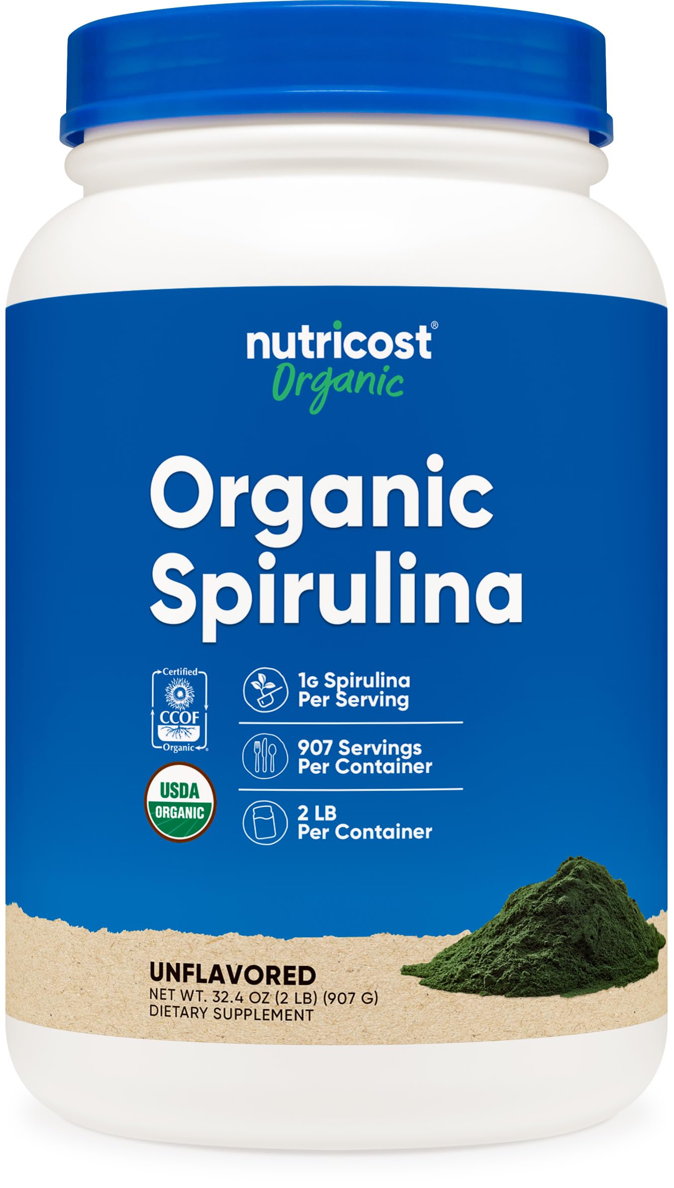 Nutricost spirulina orgánica envase frontal mostrando marca y cantidad