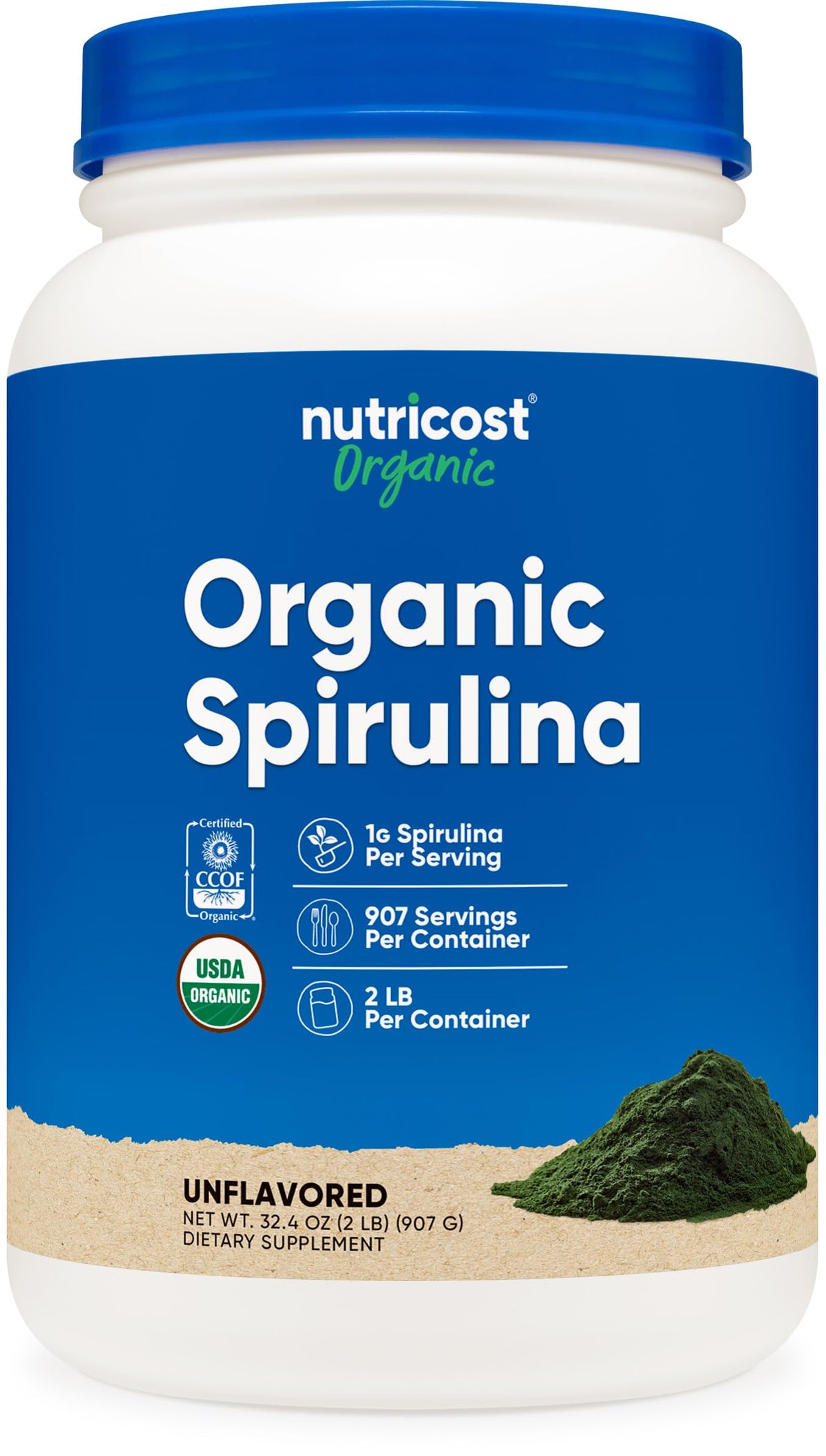 Nutricost spirulina orgánica envase frontal mostrando marca y cantidad