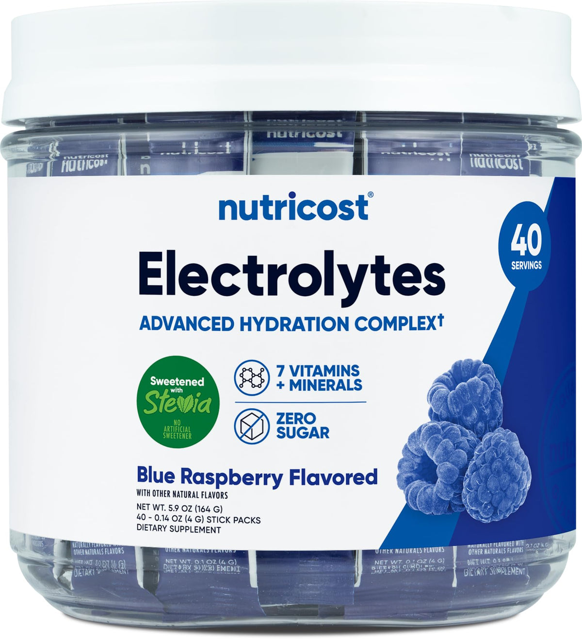 Nutricost empaque frontal mostrando 40 stickpacks y conveniencia