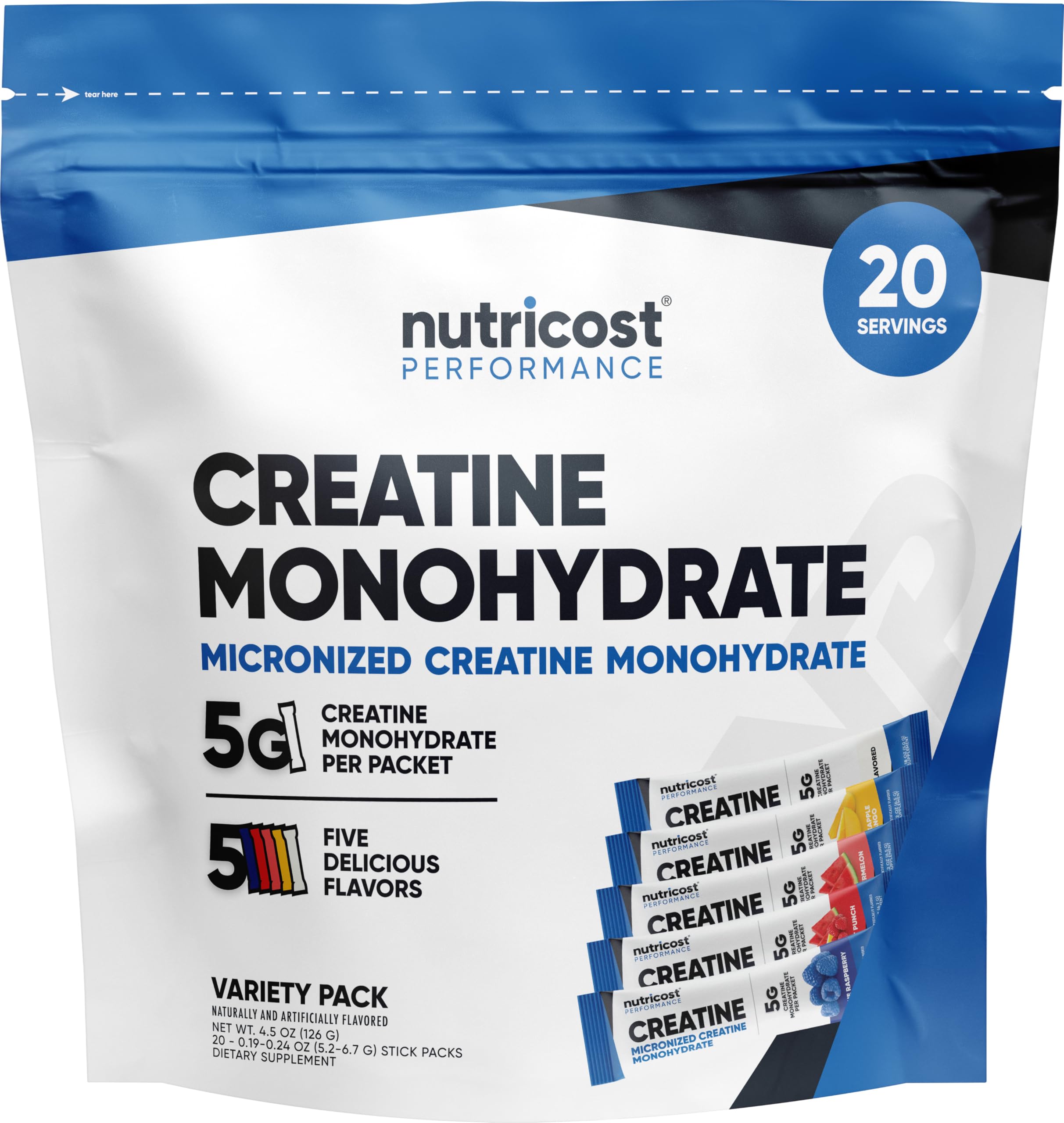Nutricost stickpacks frente mostrando caja y sobres, fácil transporte