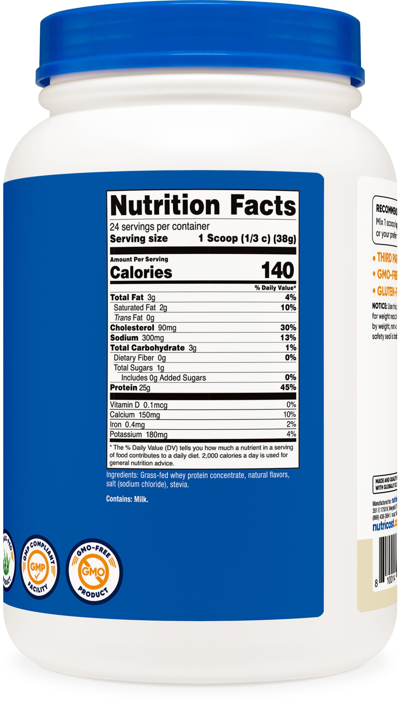 Nutricost envase 2 lb junto a una mano para comparar tamaño y duración práctica