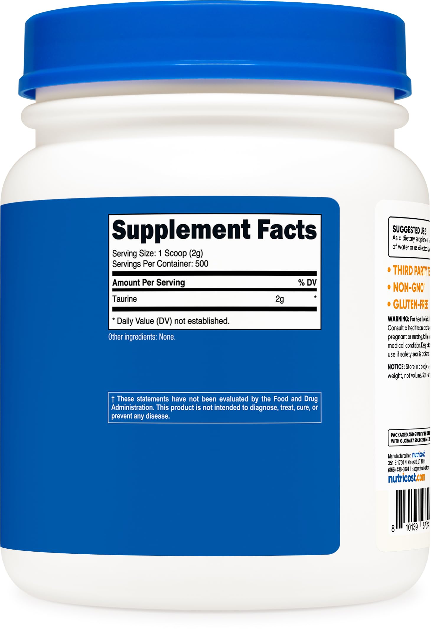 Nutricost taurina etiqueta con información y certificaciones visibles