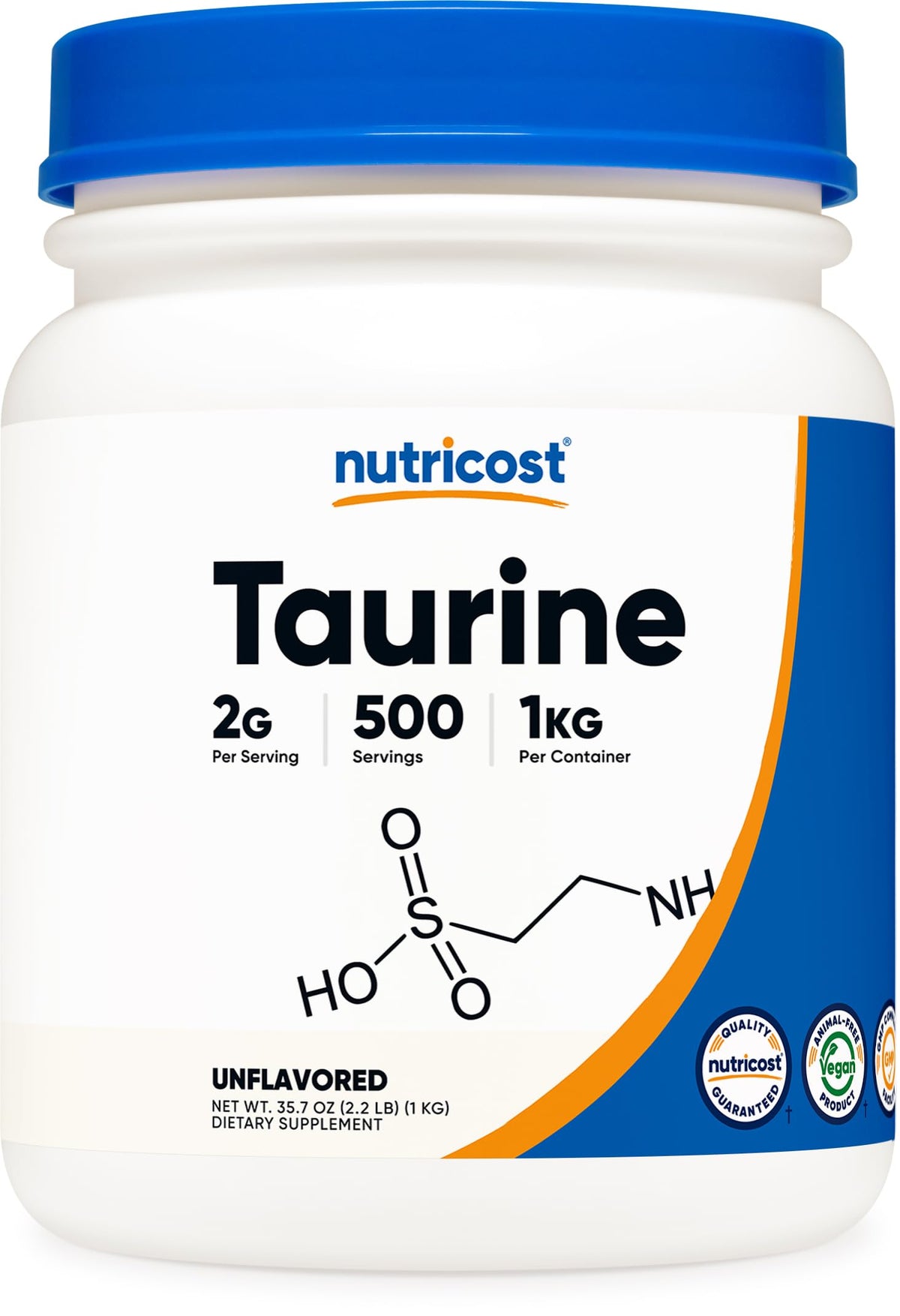 Nutricost taurina frente del envase mostrando tamaño y cantidad