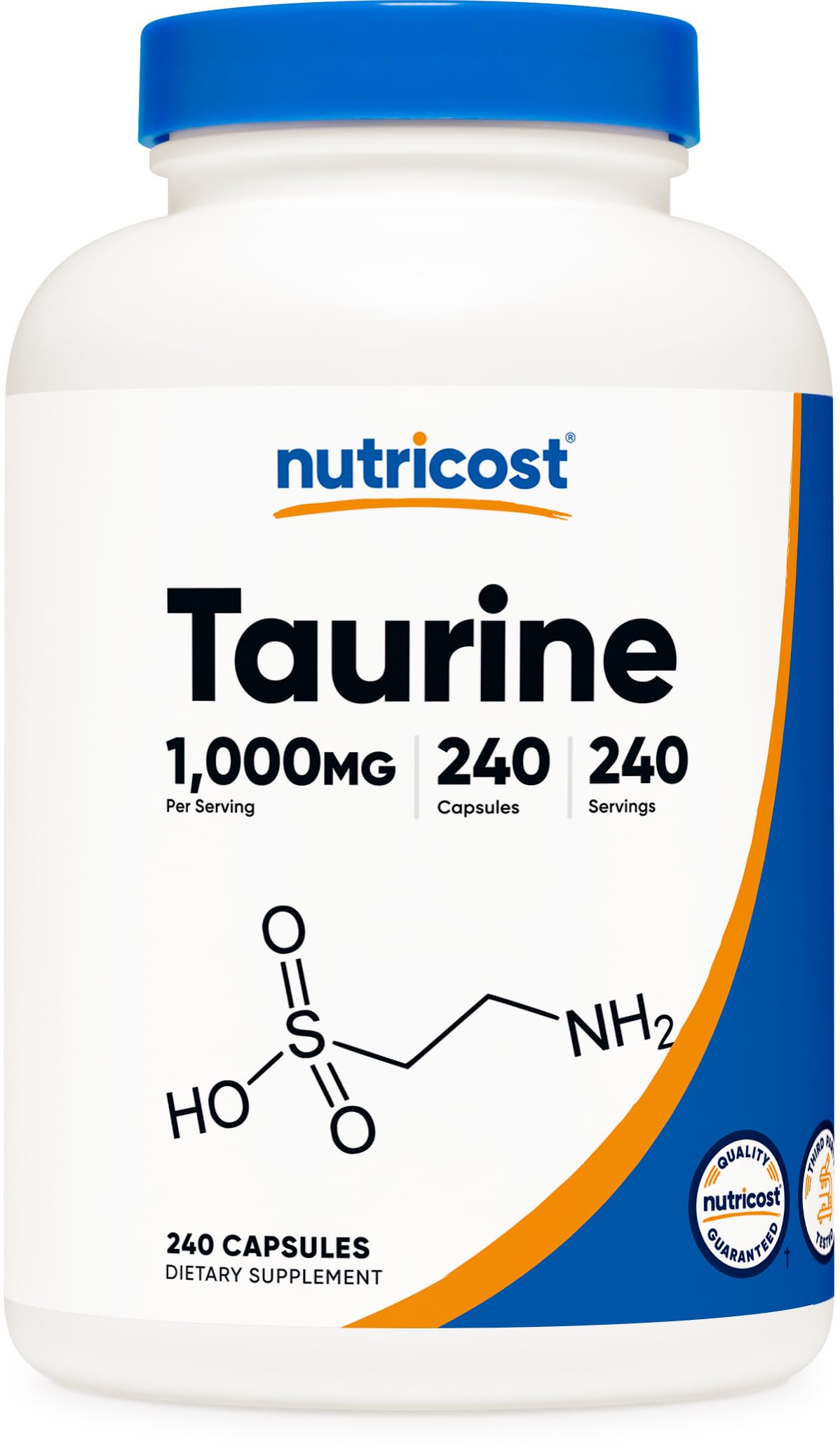 Nutricost frasco frontal de taurina 1000 mg, envase grande y ahorro