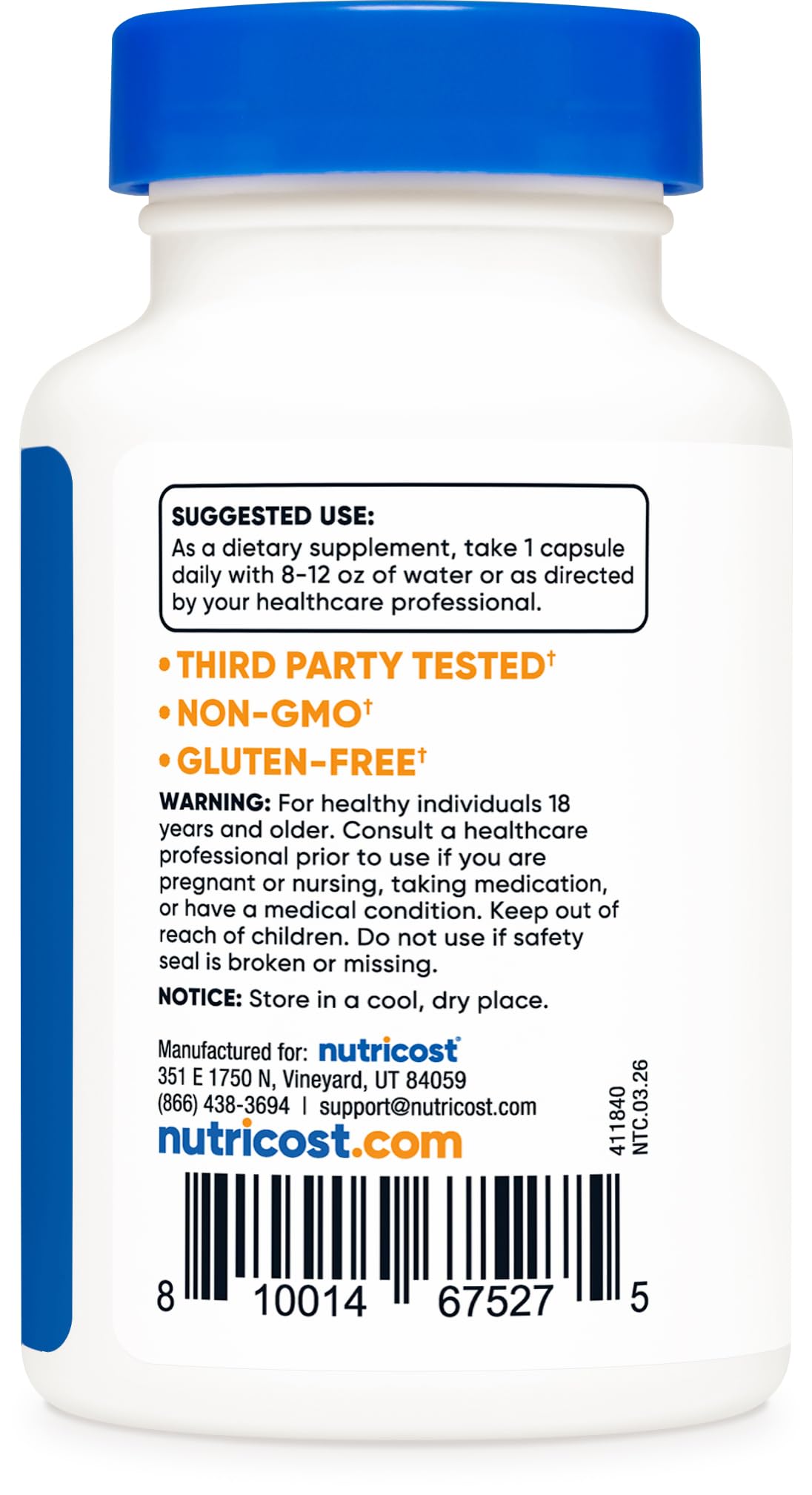 Etiqueta de Nutricost Tudca con sellos de pruebas de terceros y confianza en calidad