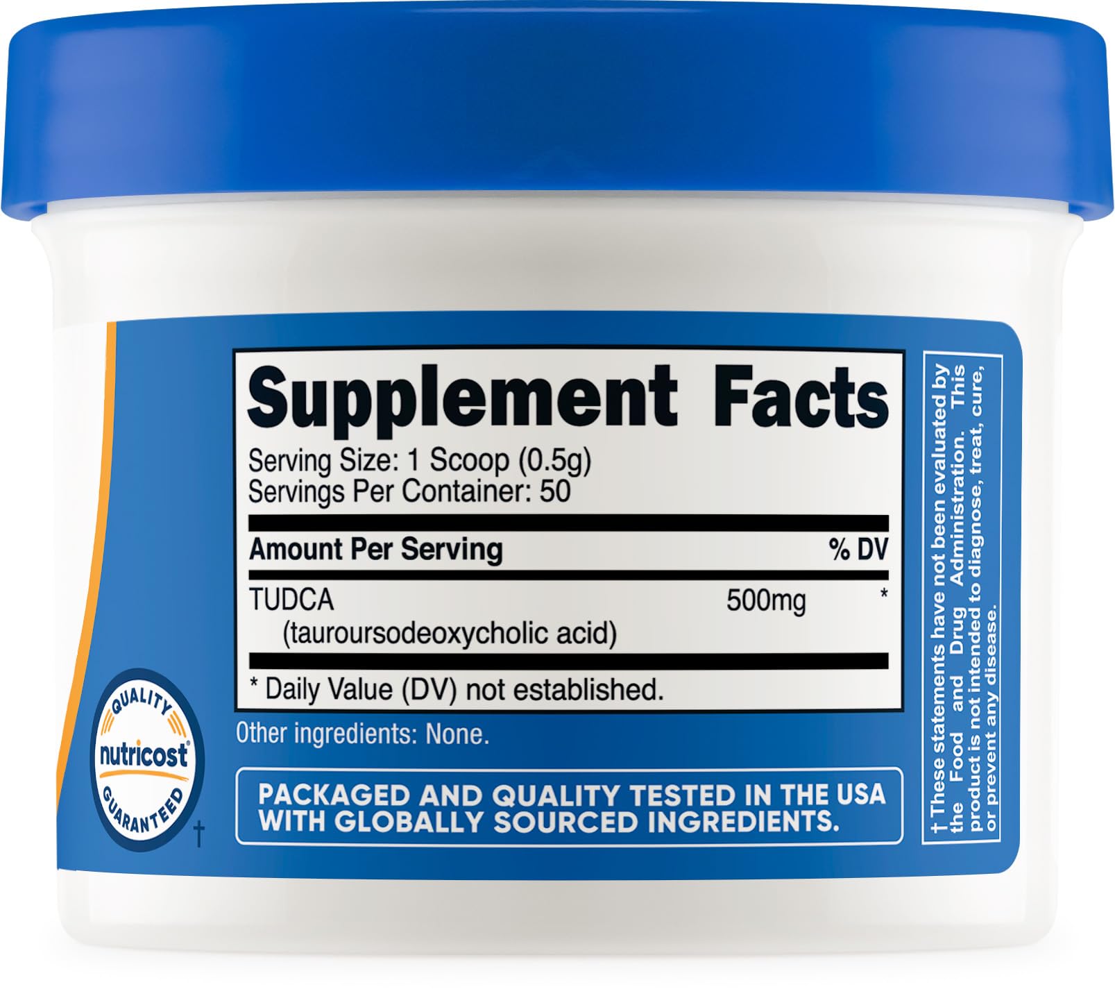 Nutricost Tudca etiqueta de producto con información de ingredientes y pruebas