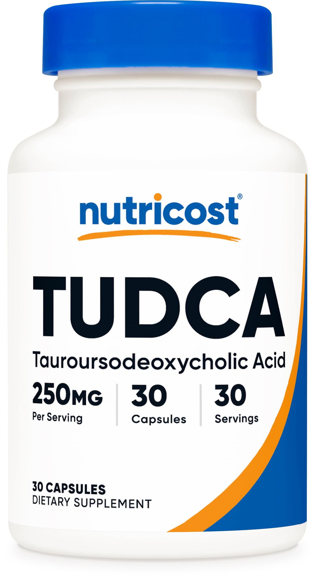 Nutricost Tudca frasco frontal mostrando etiqueta y beneficio de dosificación clara