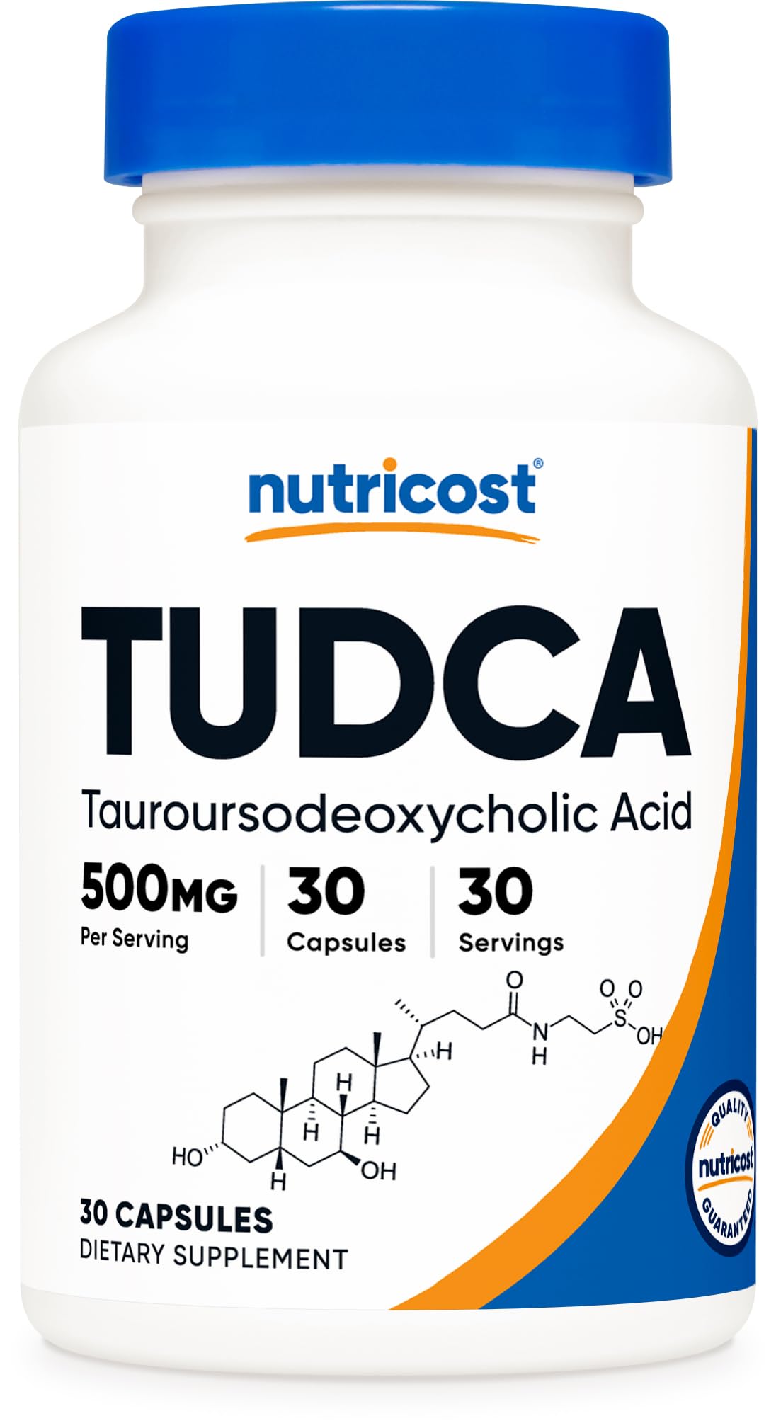Nutricost frasco Tudca 500 mg vista frontal, envase claro y compacto
