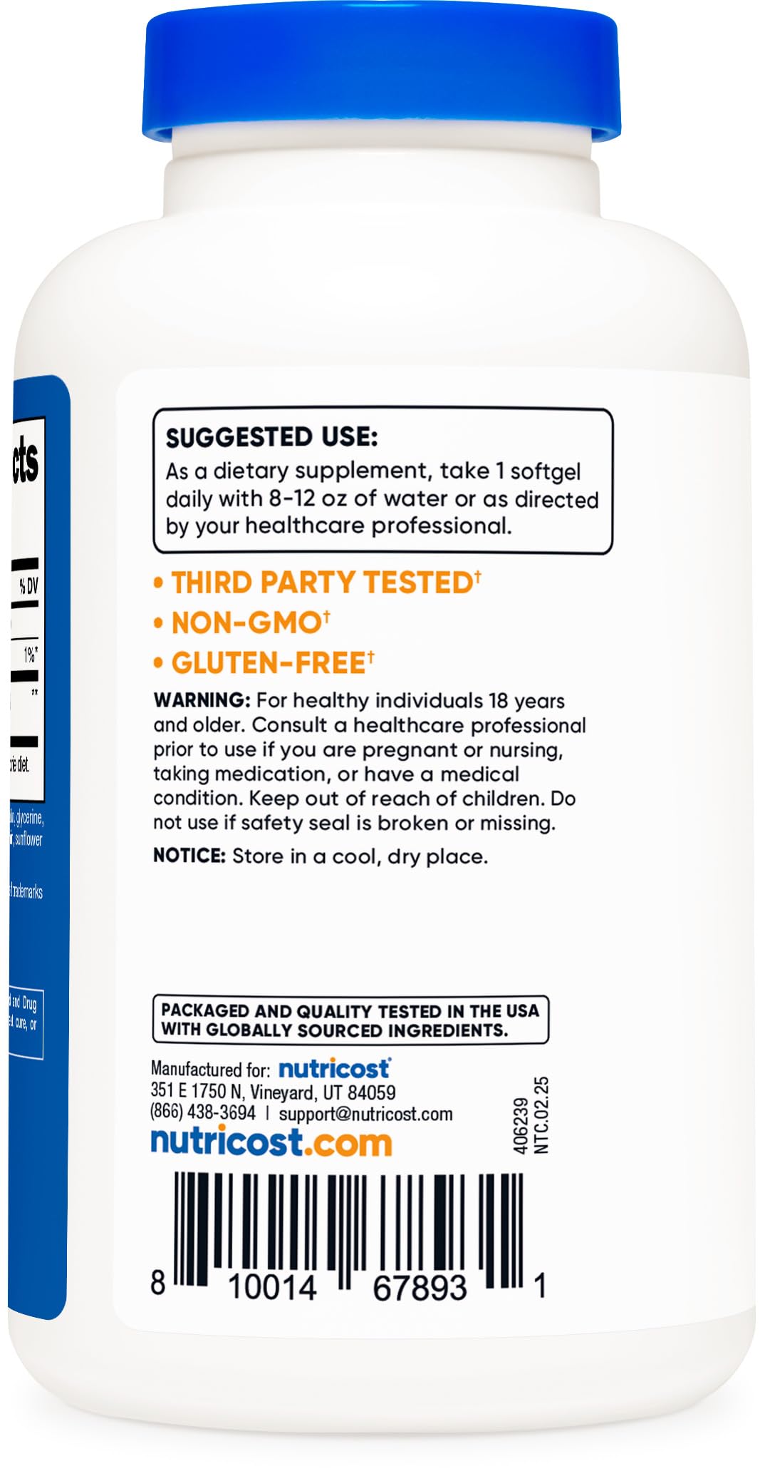 Nutricost etiqueta del frasco destacando 100 mg y certificaciones