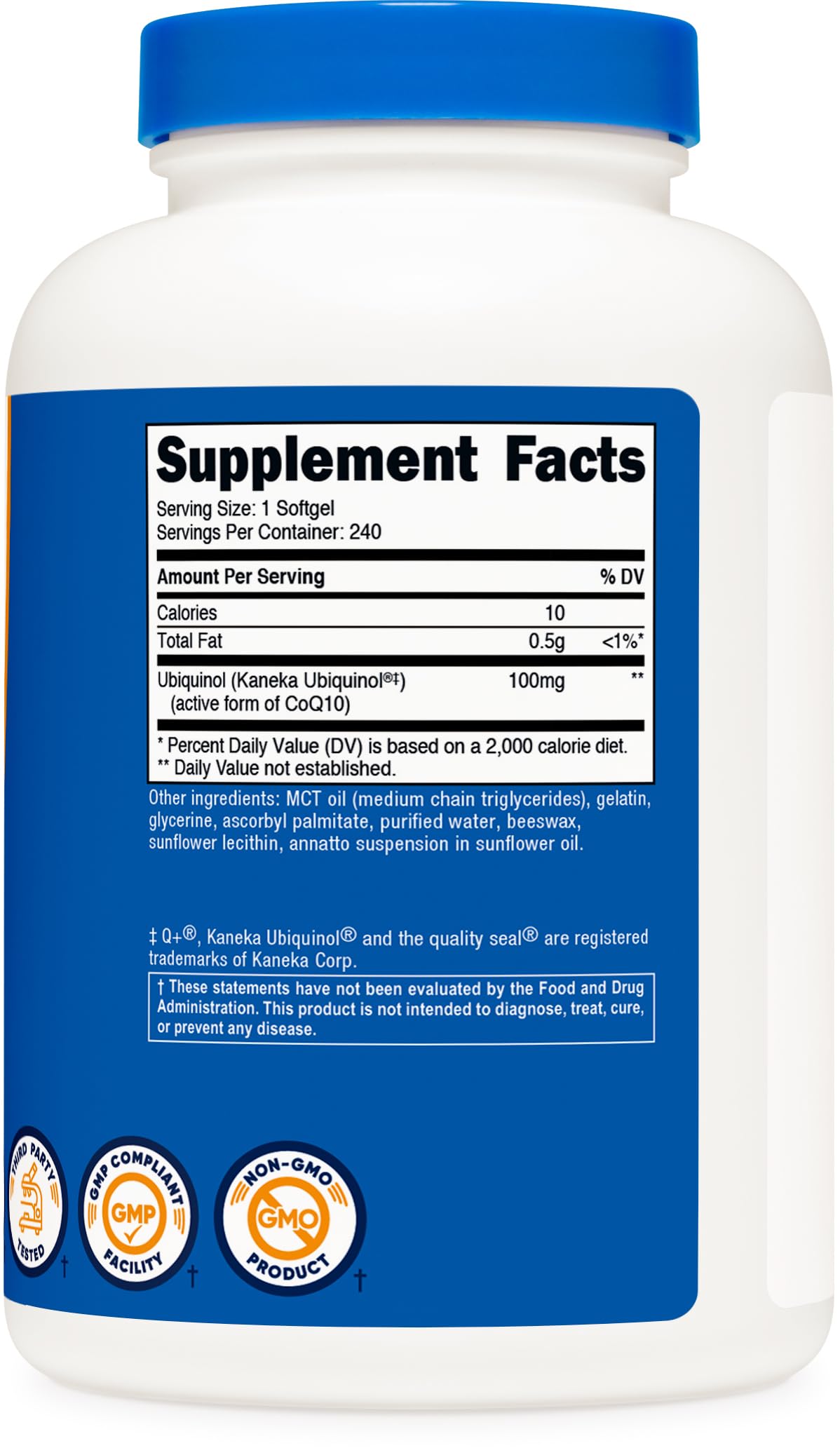 Nutricost Ubiquinol etiqueta con información nutricional y garantía de pruebas