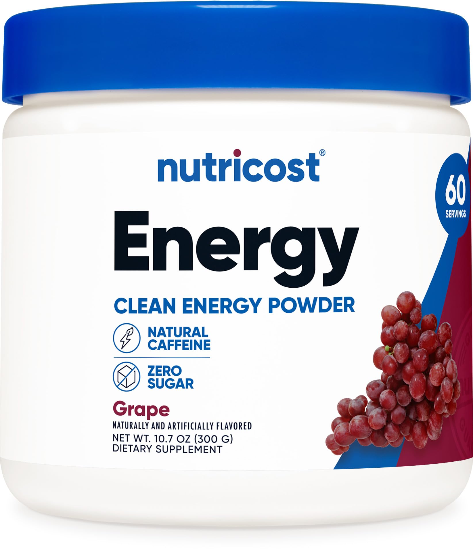Nutricost frasco frontal con 60 servicios y sabor uva, práctico y económico