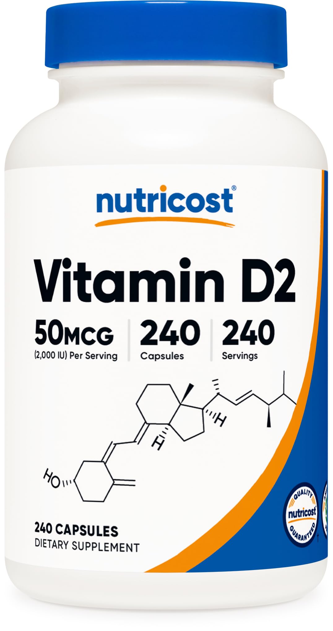 Nutricost botella frontal mostrando 240 cápsulas y dosis 2000 IU, embalaje claro
