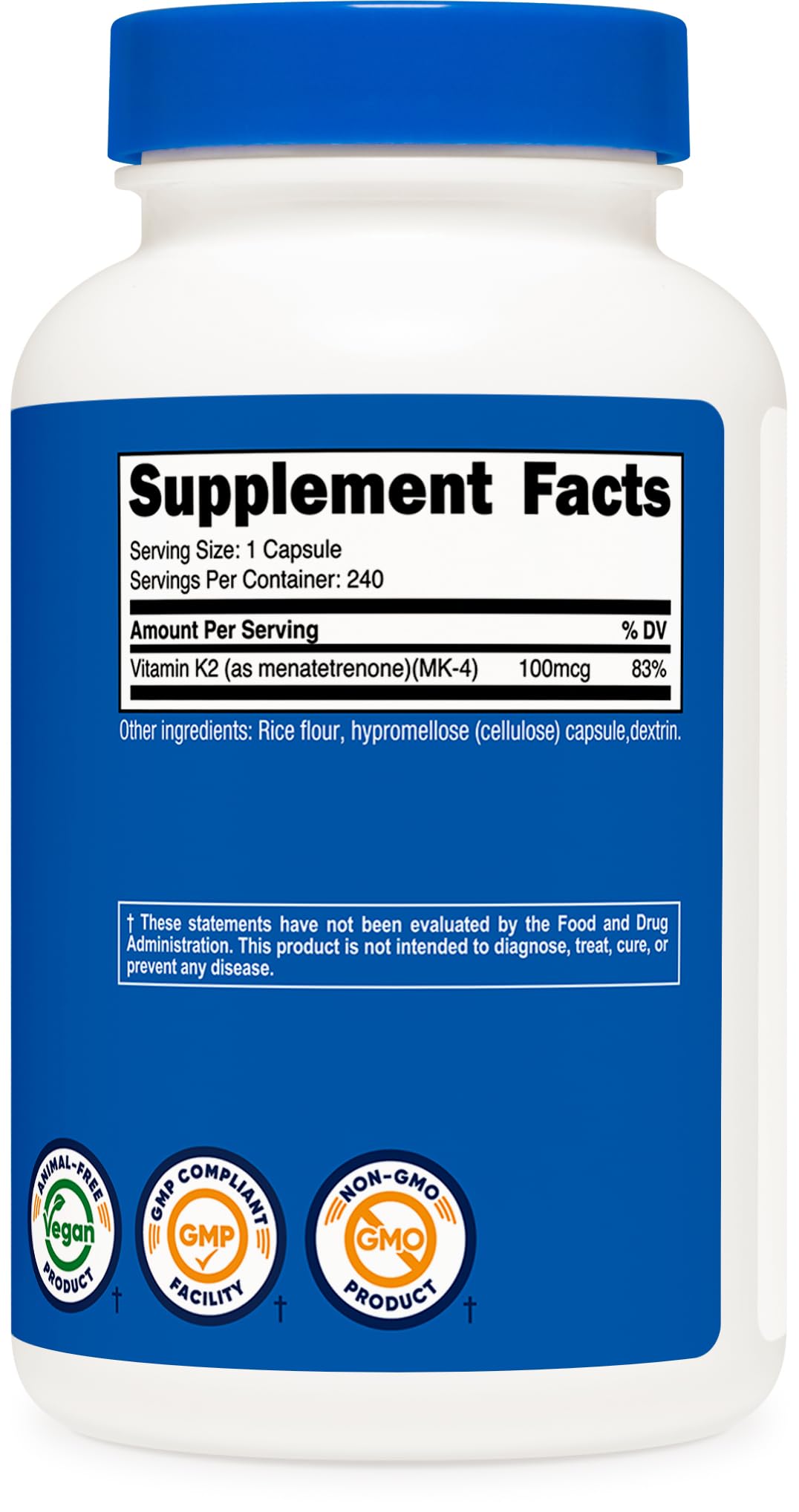 Nutricost etiqueta detalle mostrando MK-4, 100mcg y certificaciones