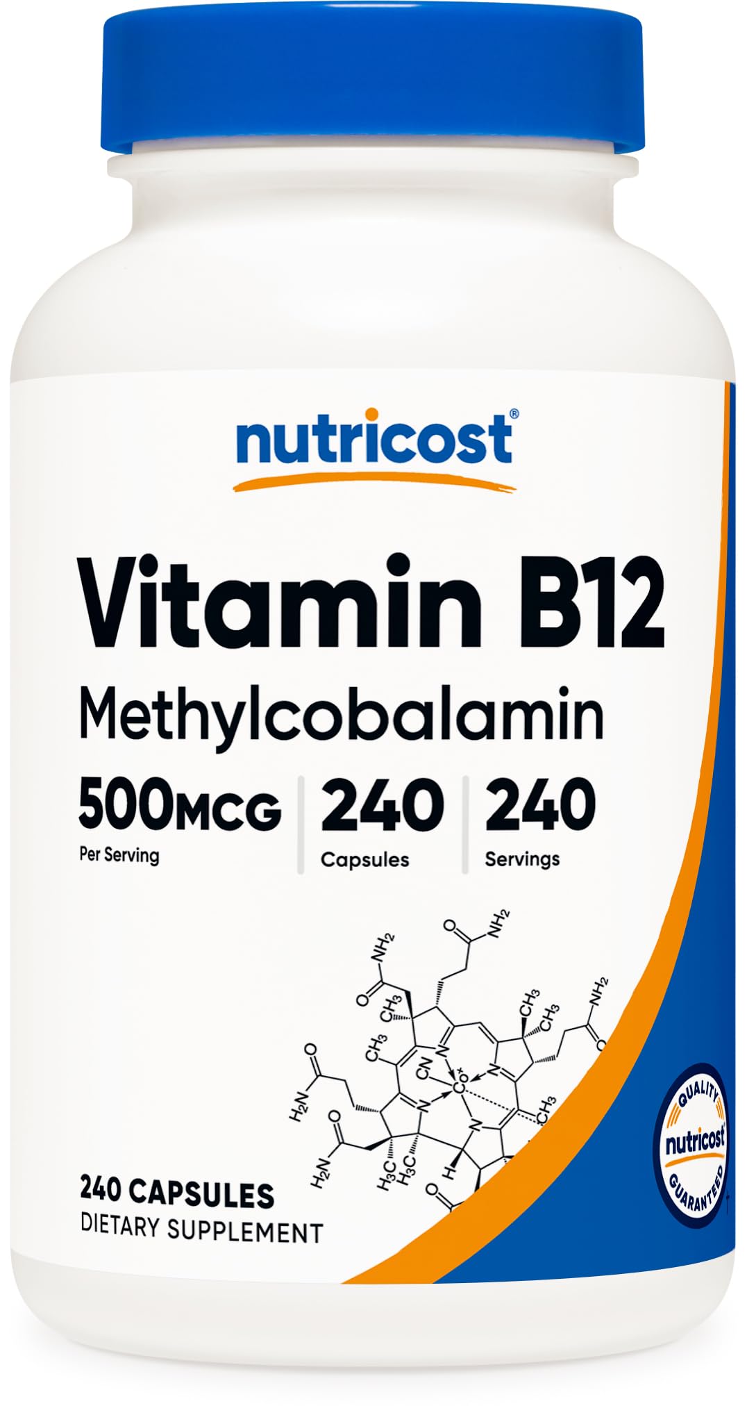 Nutricost frasco frontal mostrando 240 cápsulas y ventaja de suministro prolongado