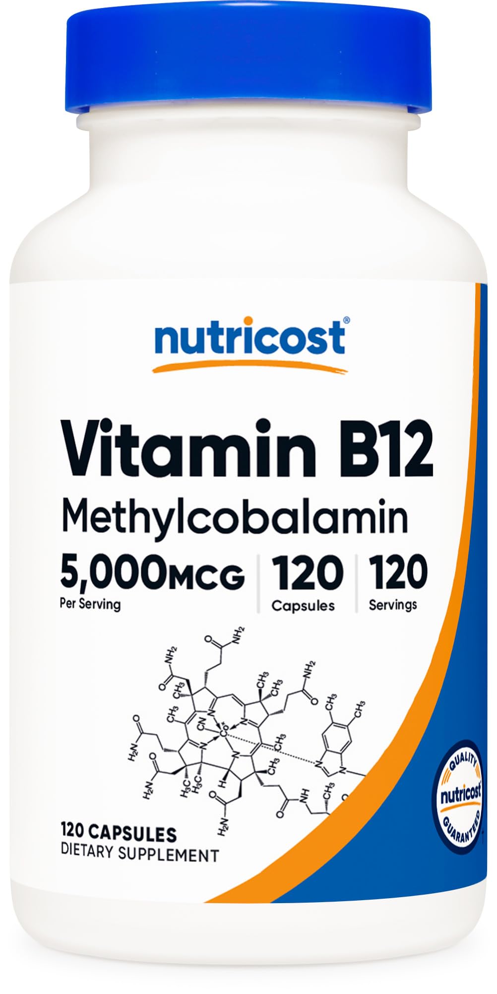 Nutricost envase frontal mostrando cápsulas y concentración 5000mcg, confianza de marca