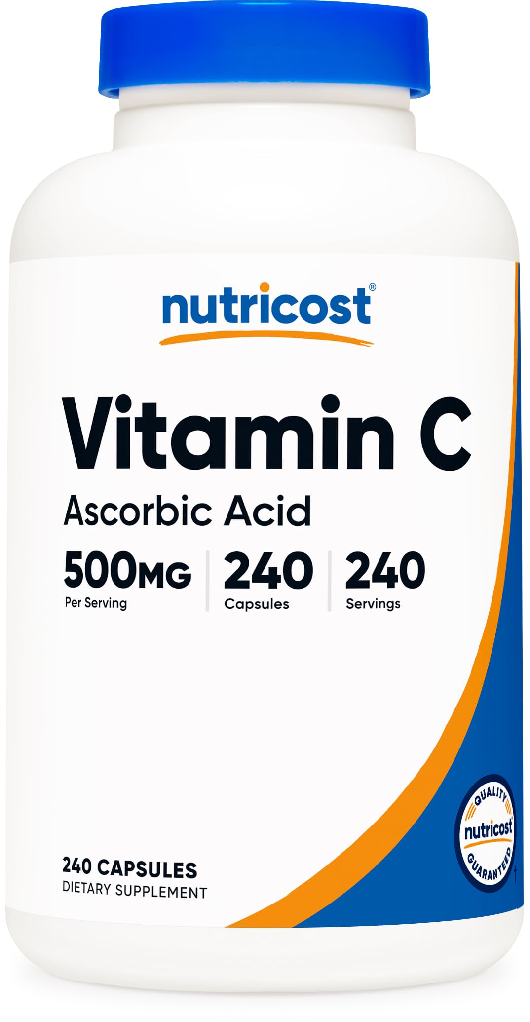 Nutricost frasco frontal mostrando 240 cápsulas, comodidad y suministro prolongado
