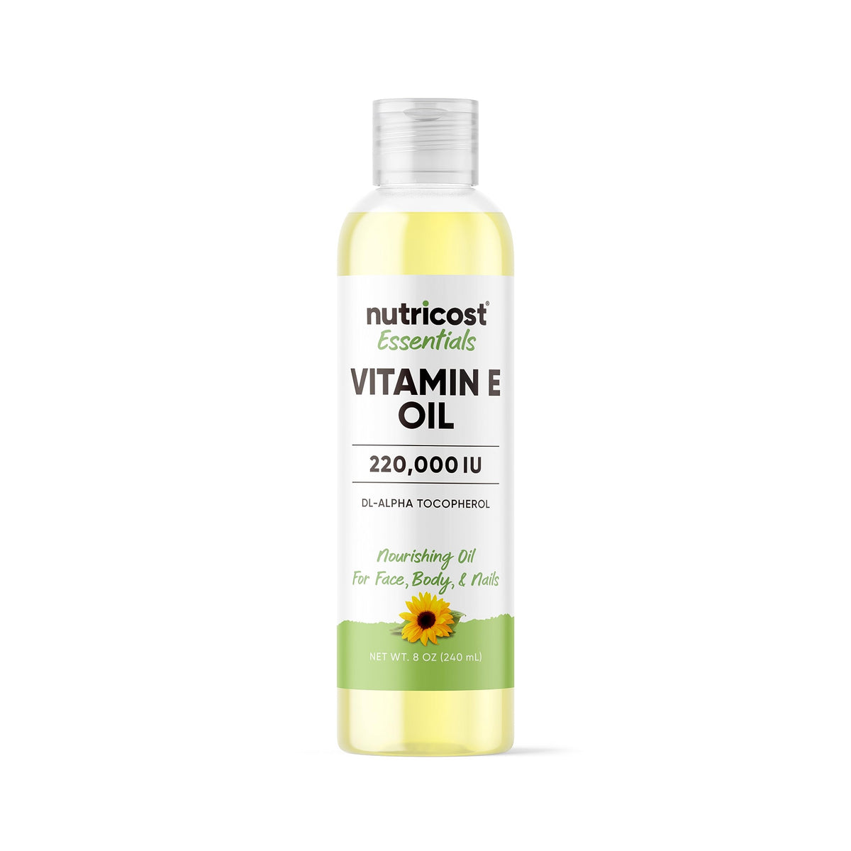 Nutricost aceite vitamina E botella frontal, envase confiable para cuidado