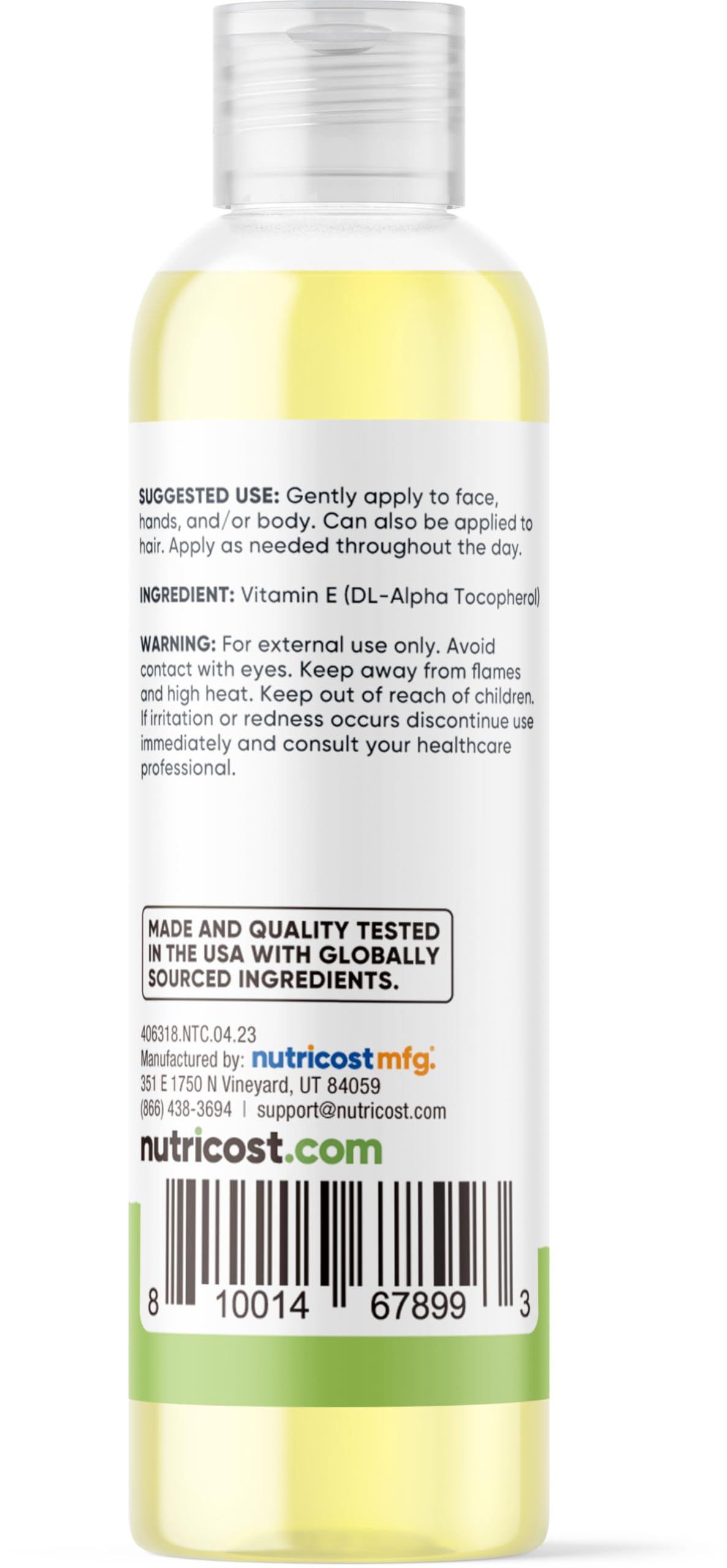Nutricost aceite vitamina E aplicación en mano, muestra uso seguro y práctico