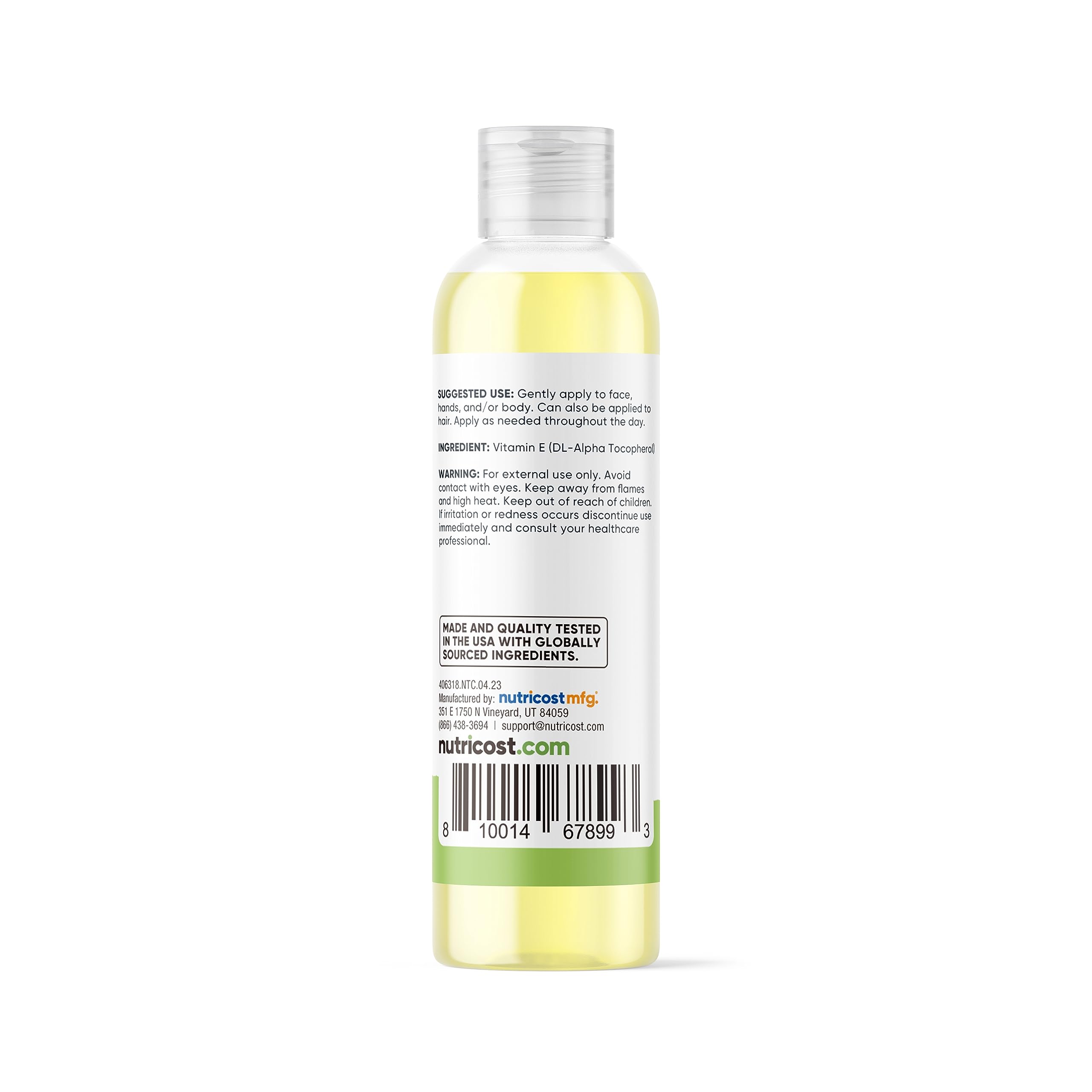 Nutricost aceite vitamina E etiqueta detallada, información de pureza y potencia