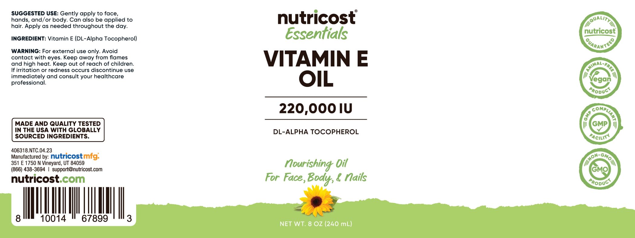 Nutricost aceite vitamina E textura en gota, textura ligera y absorbente