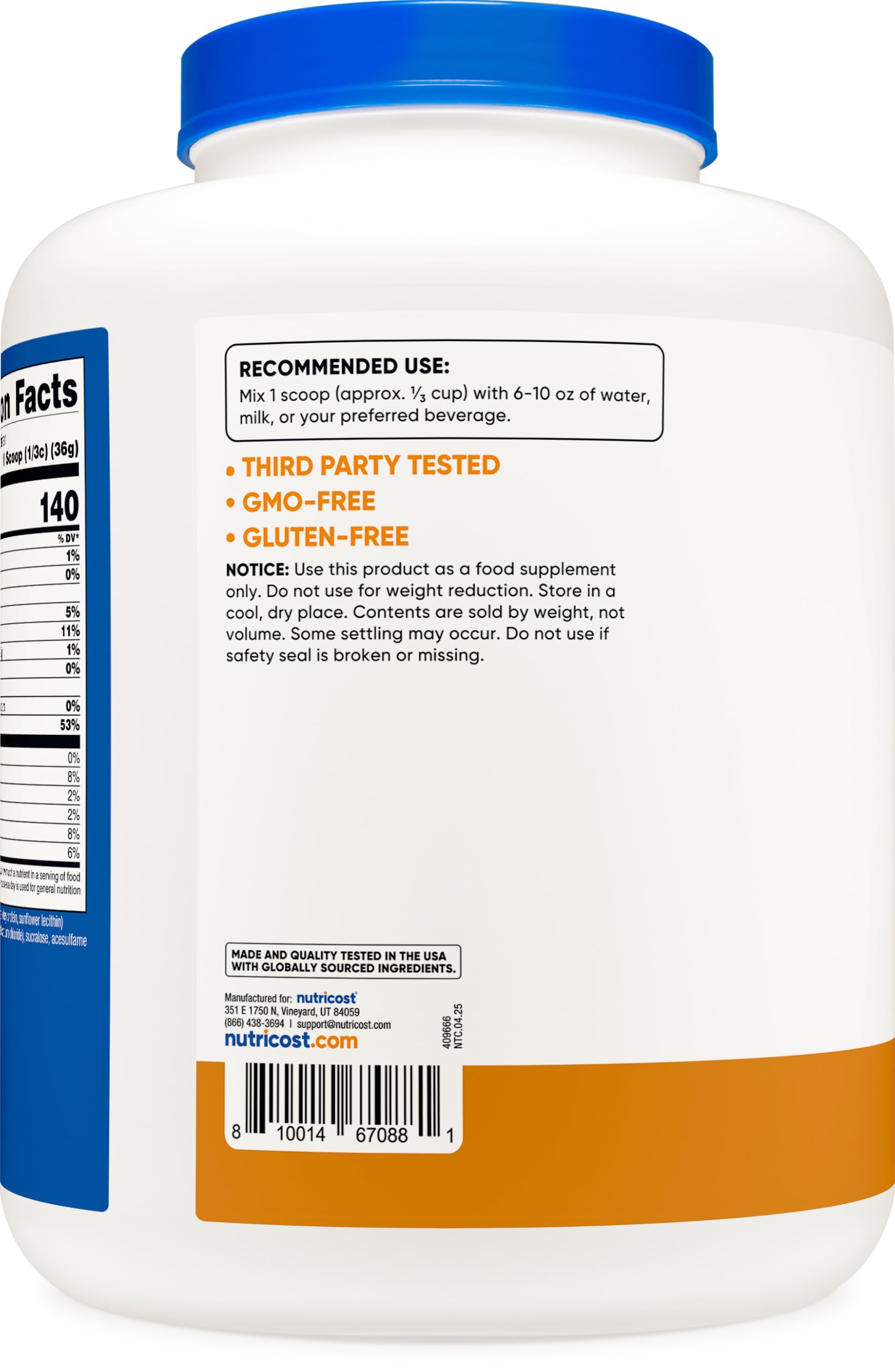 Nutricost Whey comparación de tamaño del envase de 5 libras para calcular almacenamiento