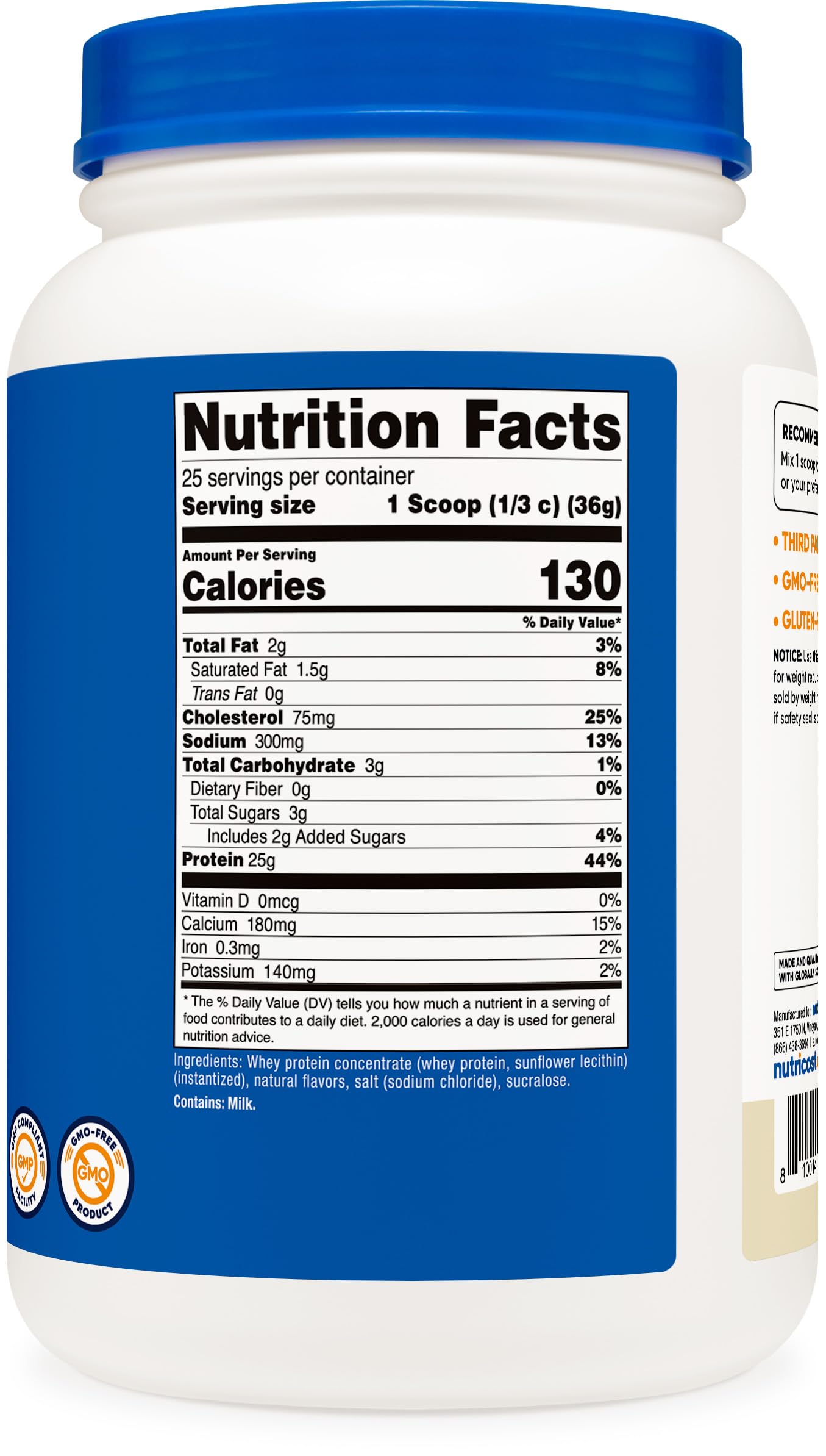 Nutricost etiqueta con certificaciones NSF y detalles de pruebas indicando calidad