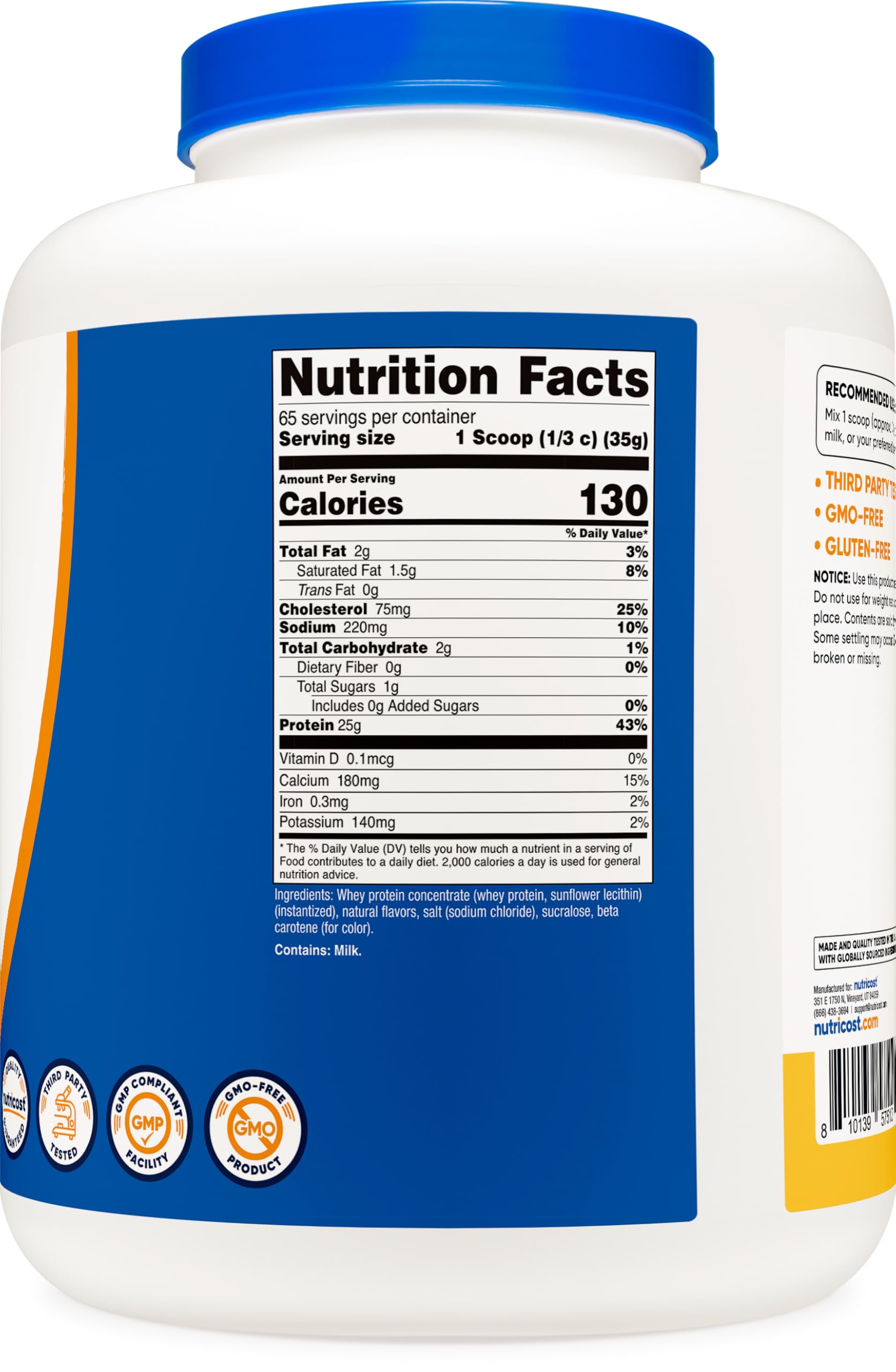 Nutricost etiqueta detalle que destaca libre de gluten y control de calidad