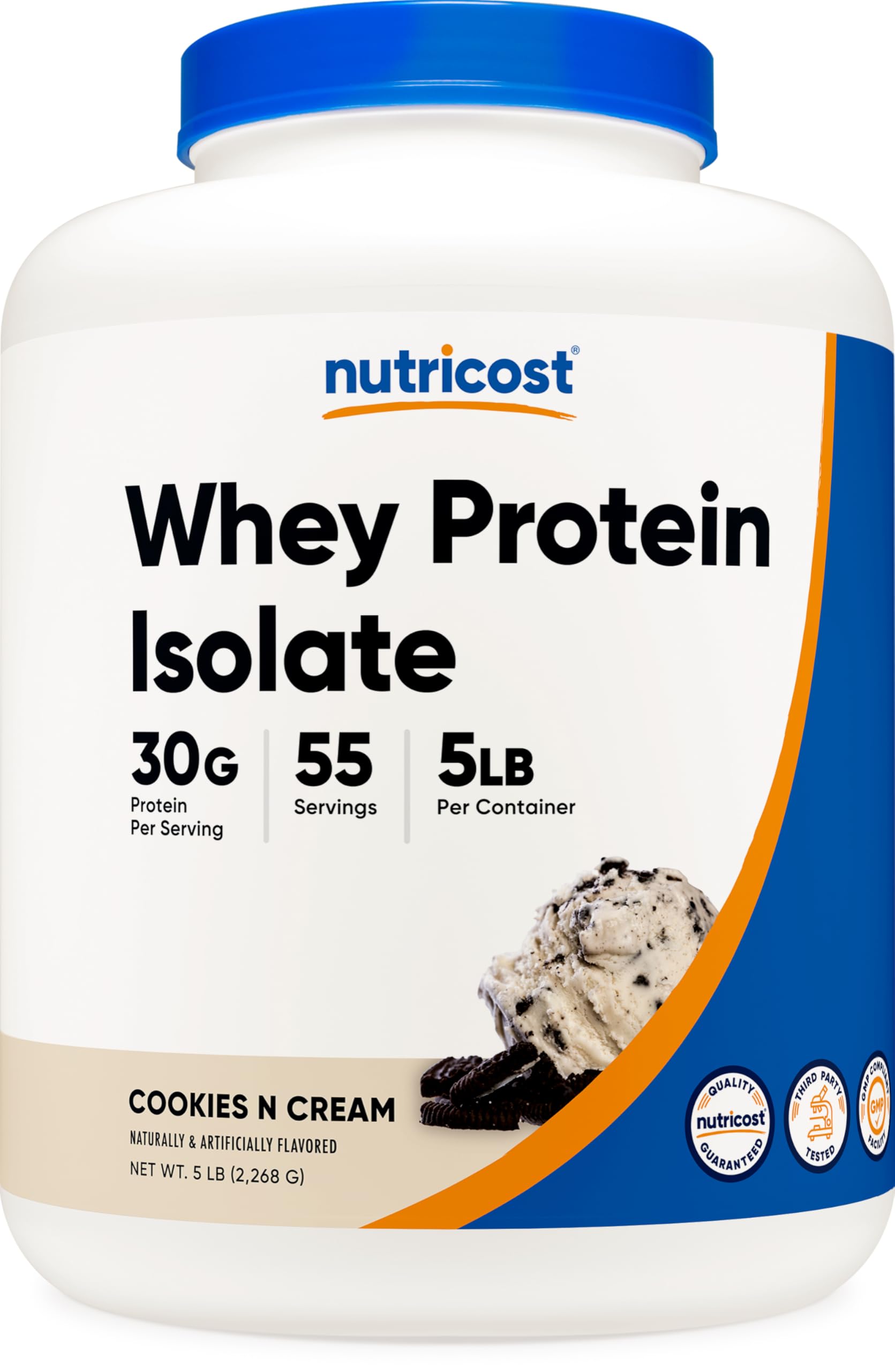 Nutricost envase frontal Cookies N Cream mostrando tamaño 5 LBS y beneficio ahorro