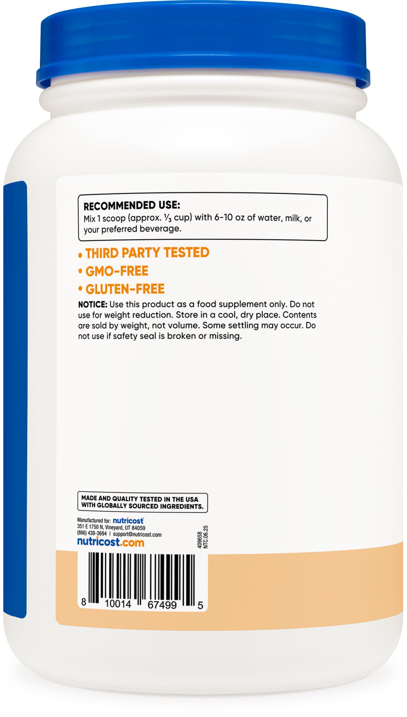 Nutricost Whey Protein Isolate comparación de tamaño 2 LBS para referencia visual