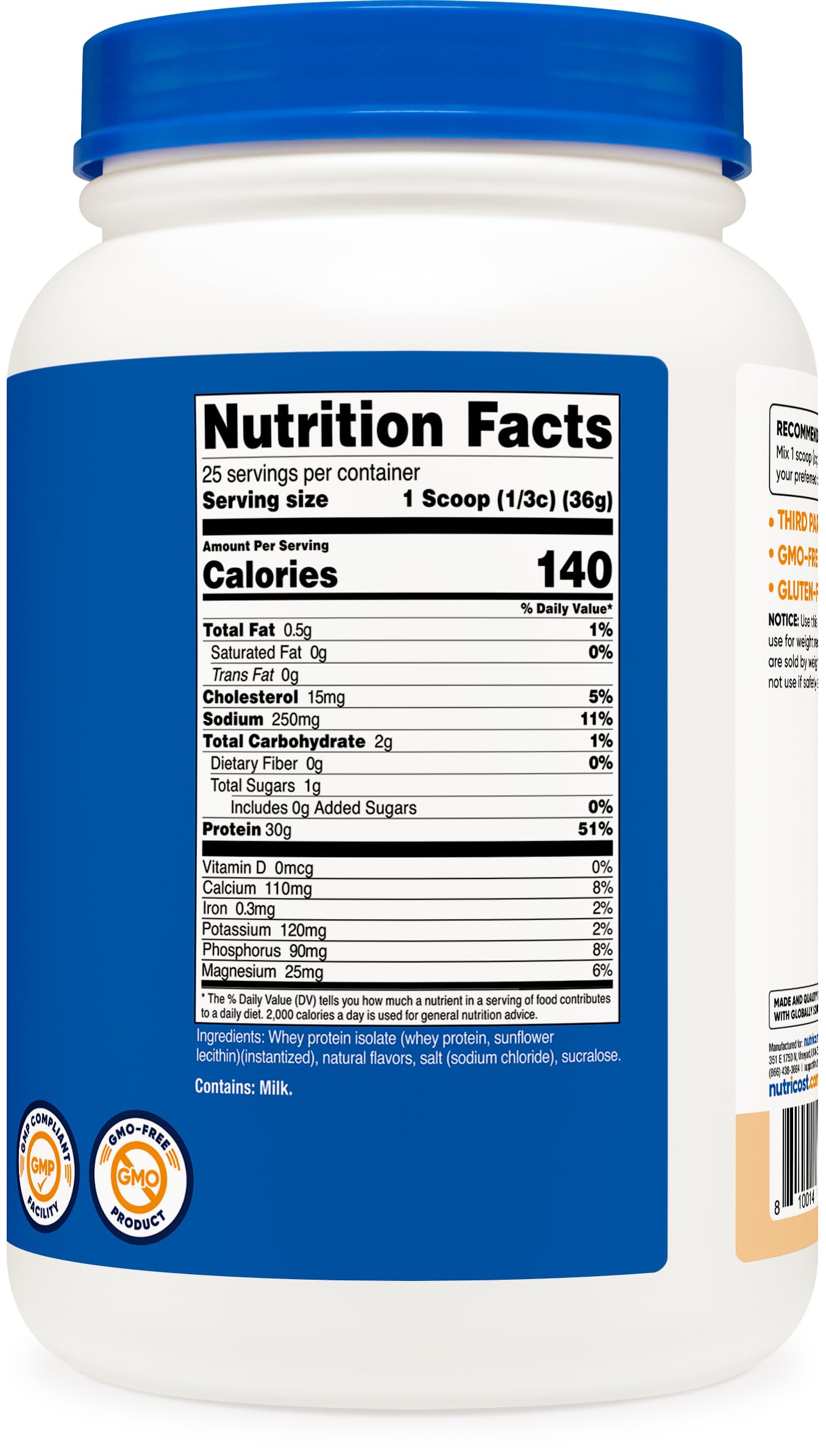 Nutricost Whey Protein Isolate etiqueta nutricional enfocada en 30 g de proteína