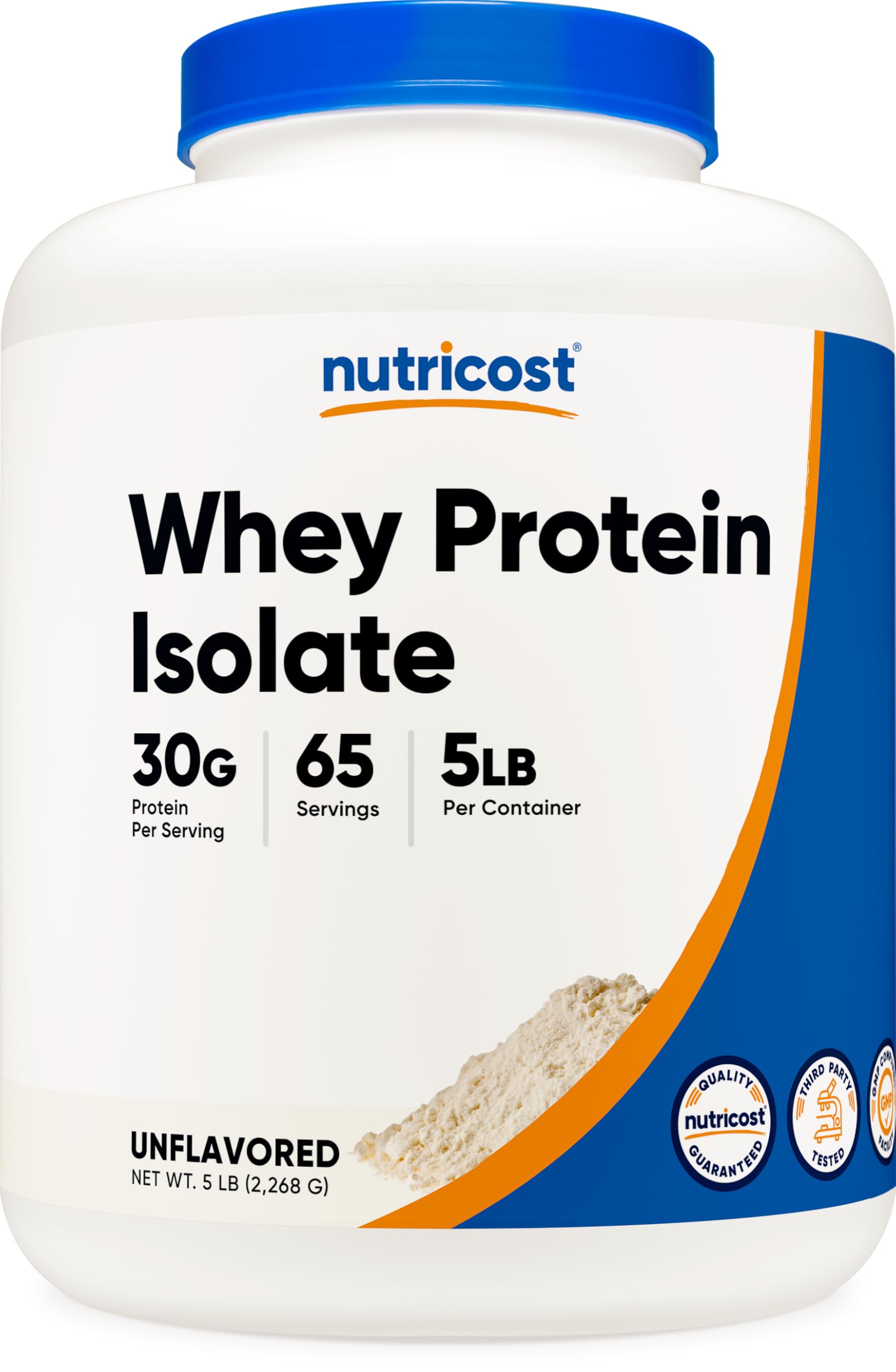 Nutricost envase frontal mostrando 5 lbs y etiqueta clara, ideal para cantidad