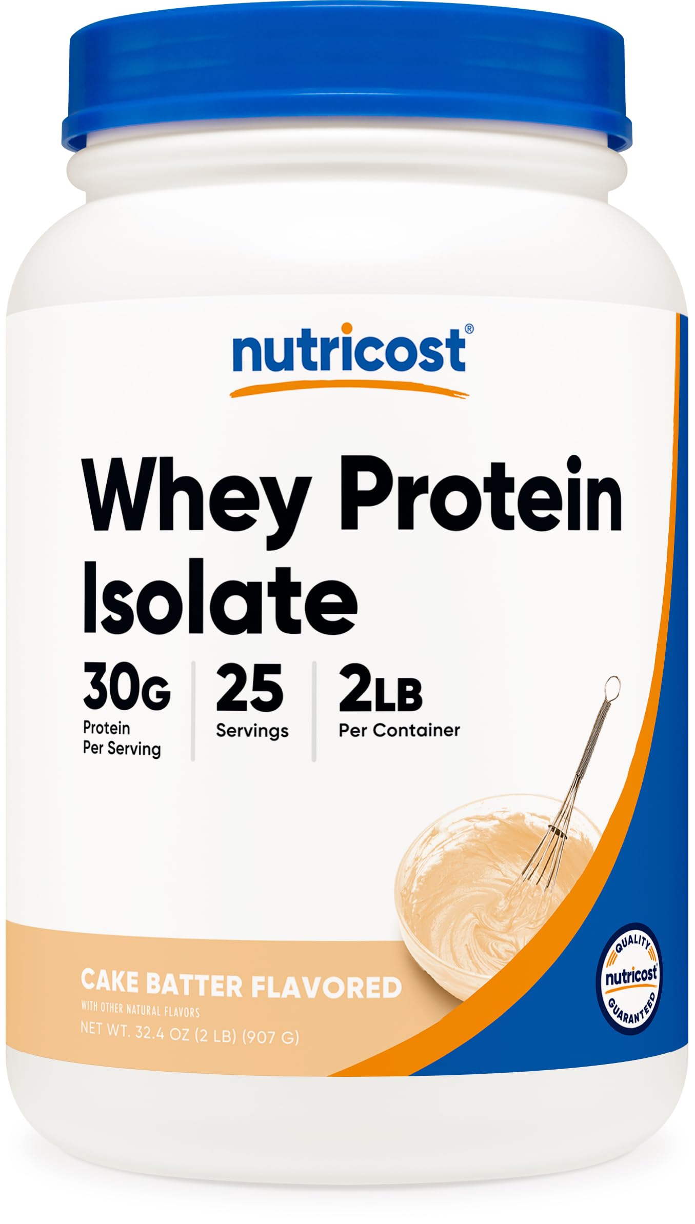 Nutricost Whey Protein Isolate frente del paquete mostrando tamaño y sabor Cake Batter