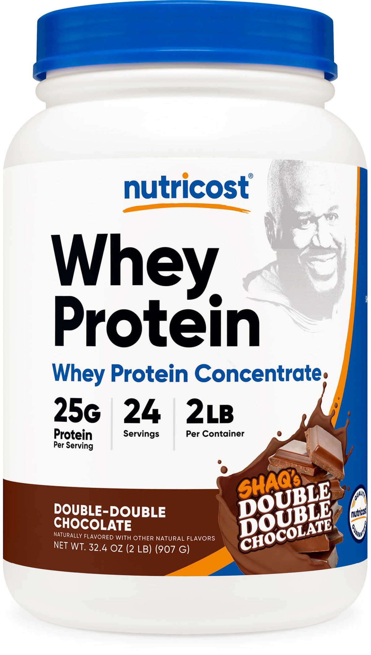 Nutricost envase frontal mostrando sabor Shaq's Double Double Chocolate y beneficio práctico