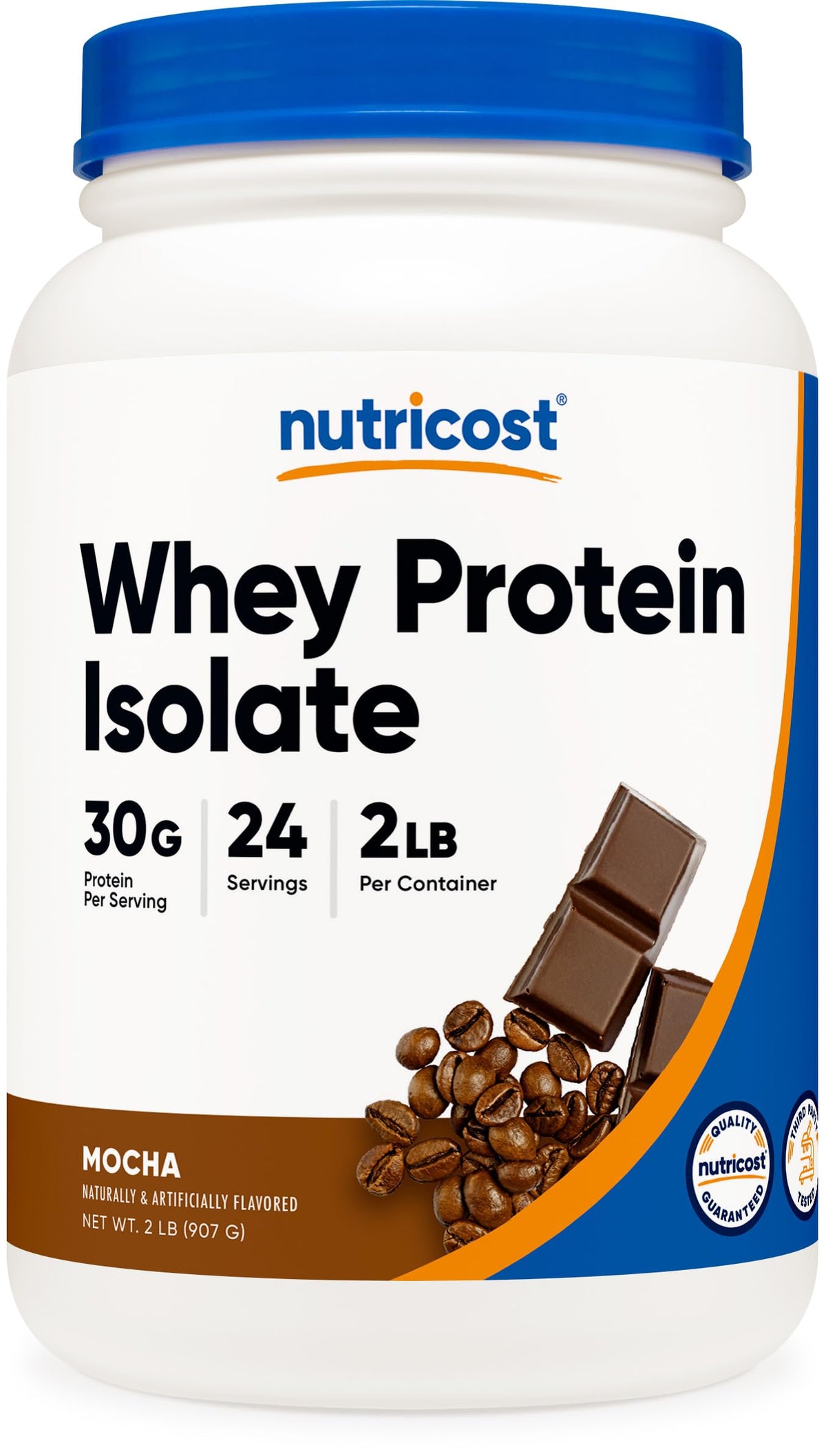 Nutricost envase frontal mostrando sabor mocha y 2 libras para fácil identificación