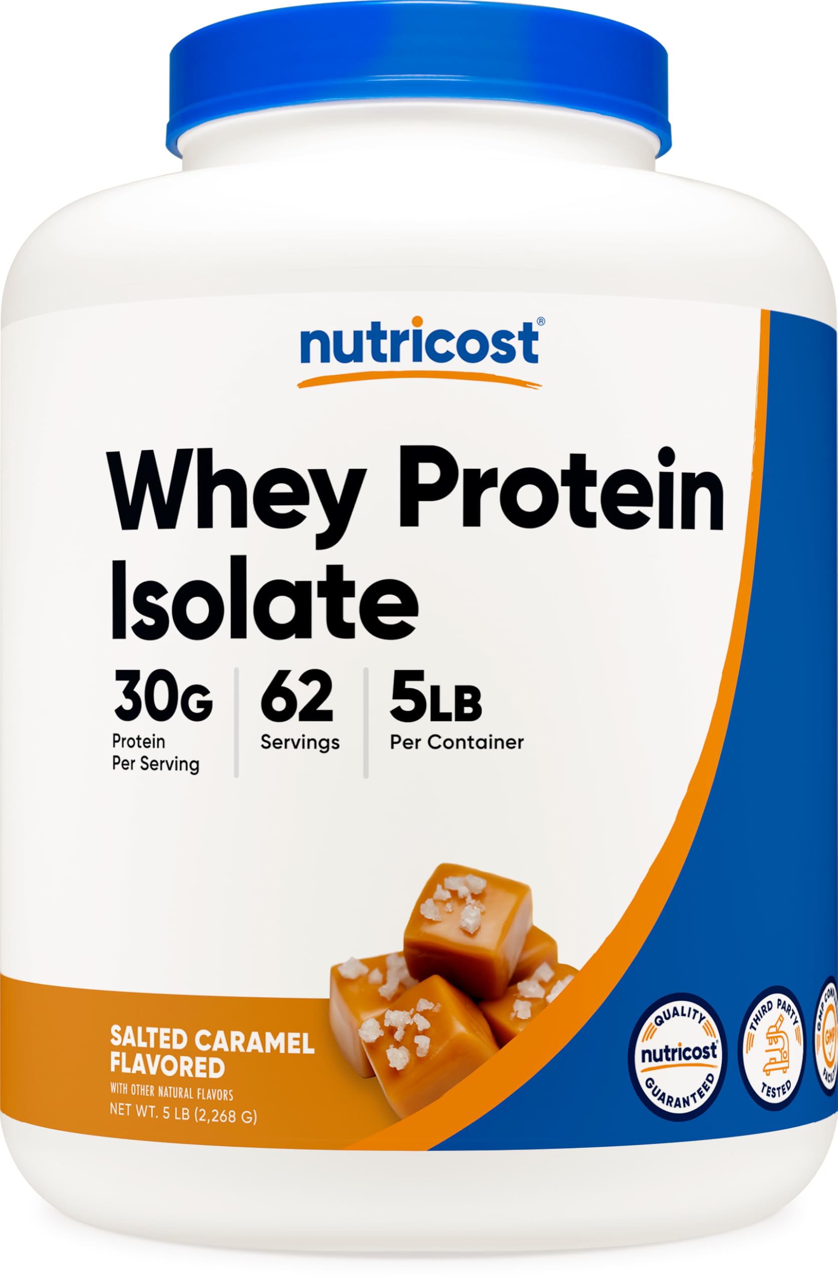 Nutricost Whey vista frontal del envase que muestra sabor y peso, ideal para planificar porciones