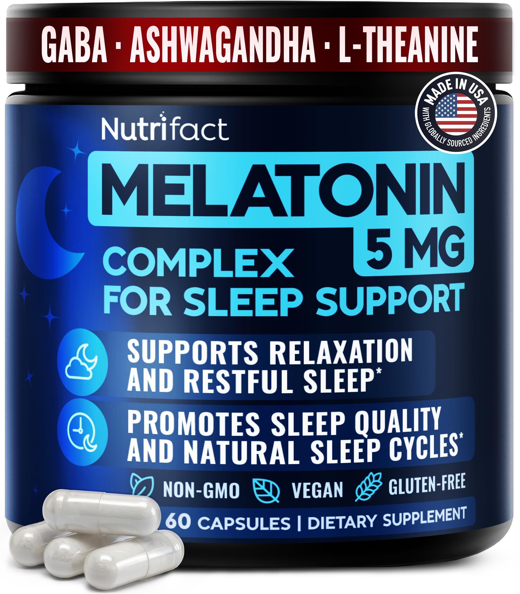 NutriFact frasco frontal mostrando diseño y beneficio de sueño profundo