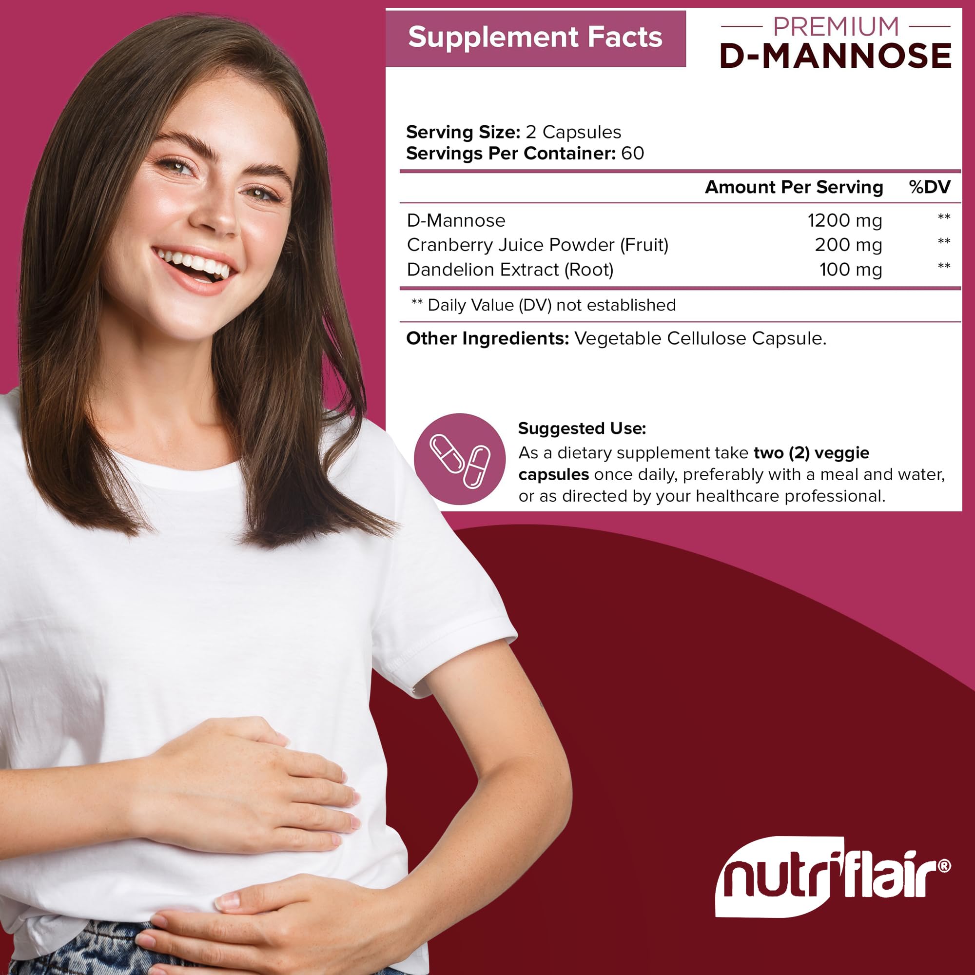 NutriFlair polvo de D‑mannosa cerca de arándanos como prueba de ingrediente natural