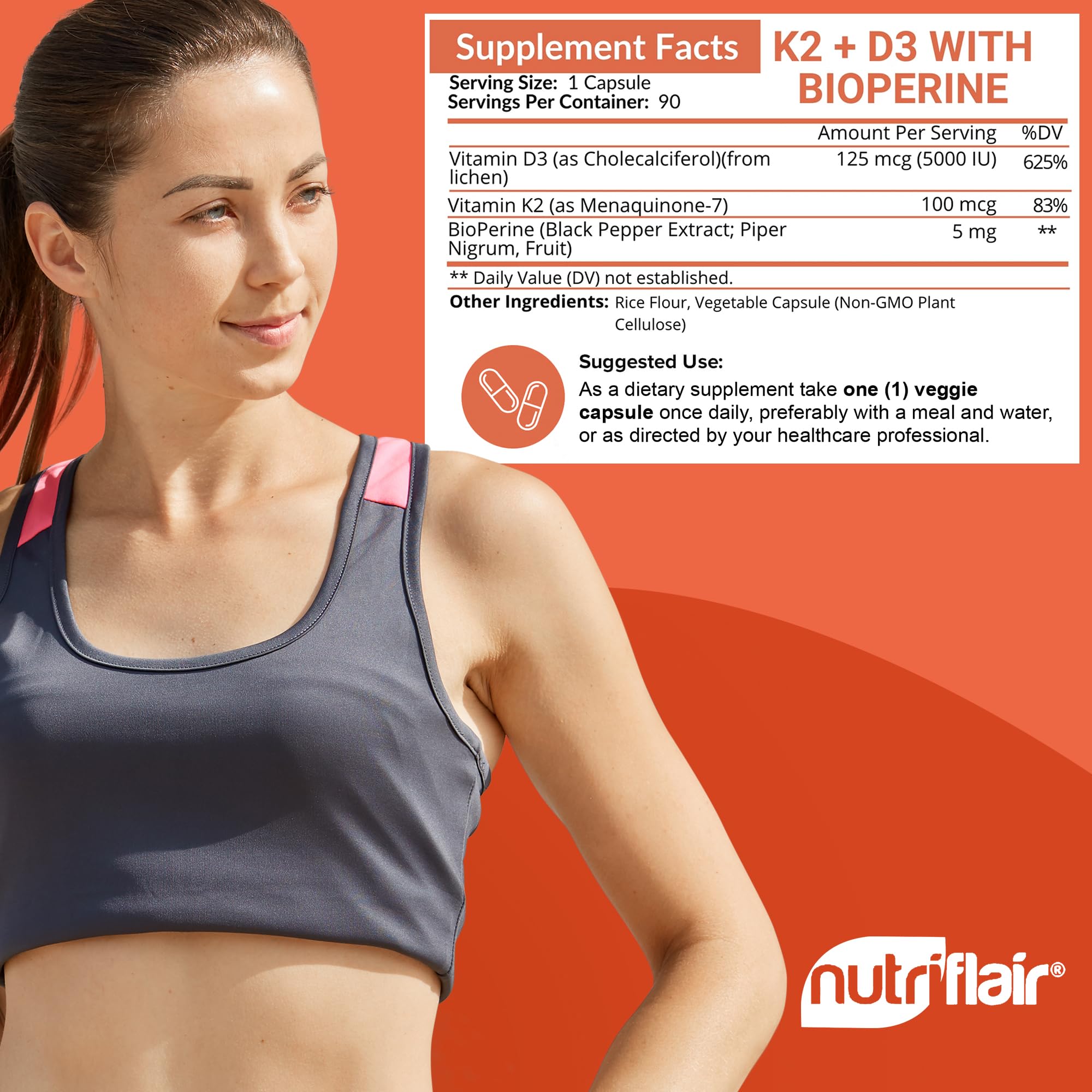 NutriFlair etiqueta nutricional enfocada mostrando dosis y controles de calidad