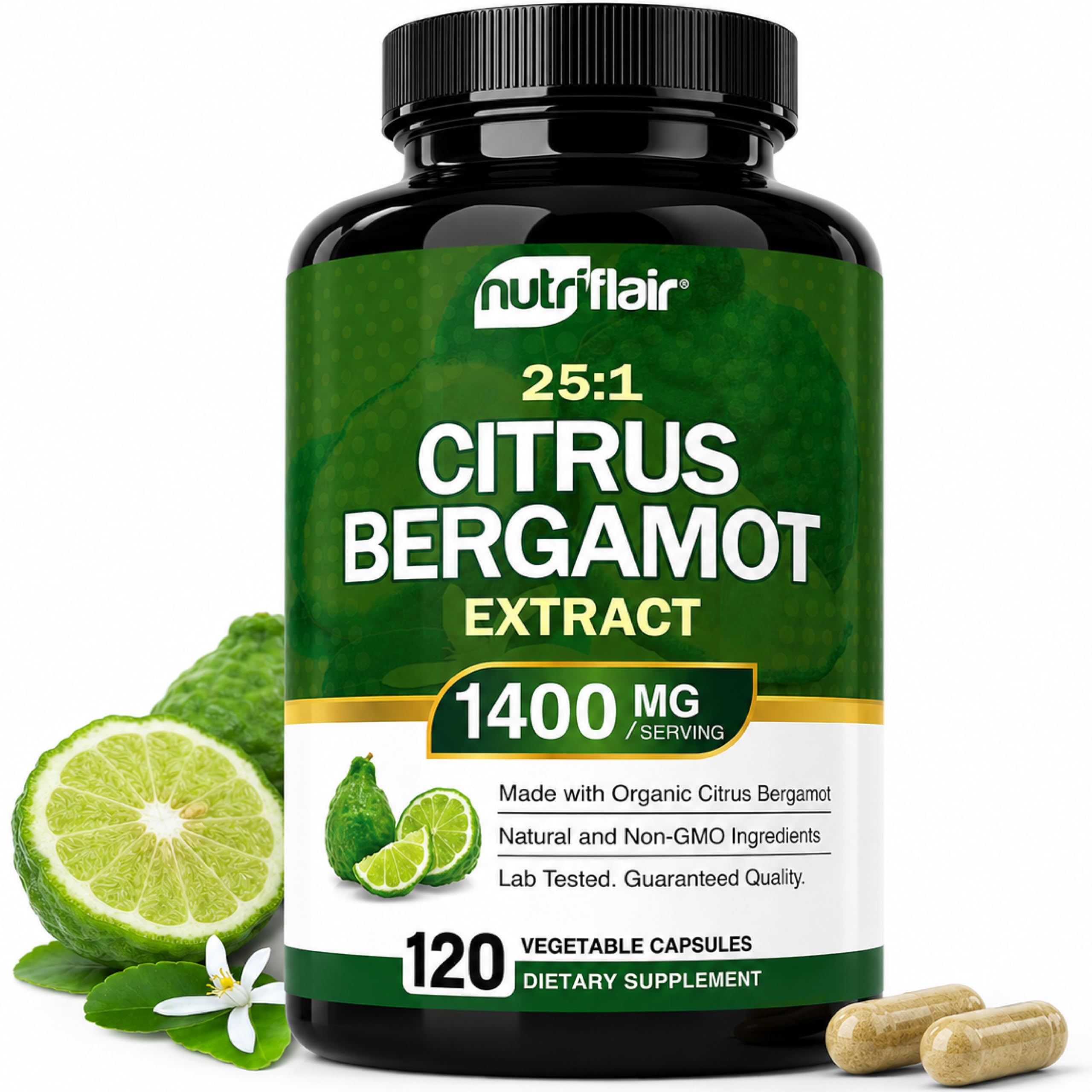 NutriFlair frasco frontal mostrando 120 cápsulas y etiqueta clara