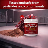 Nutrigardens hojas de espinaca roja que indican origen natural y concentración de nitratos