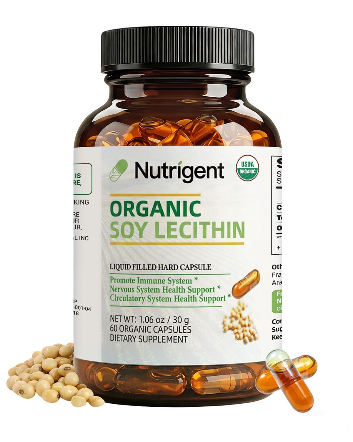 Nutrigent envase frontal de lecitina orgánica mostrando sello USDA y 60 cápsulas