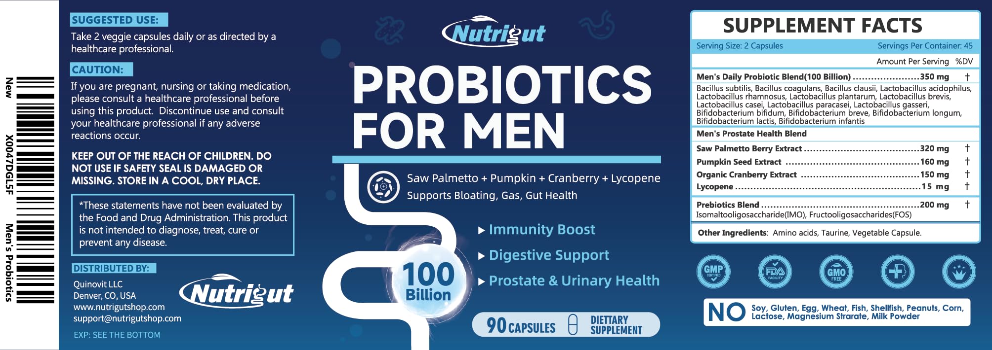 NutriGut empaque lateral con información nutricional y recomendaciones de uso