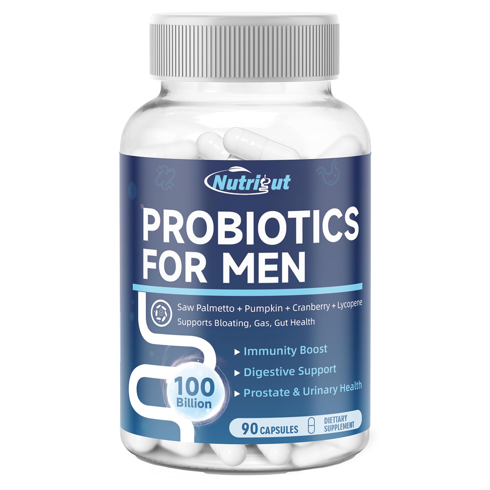 NutriGut frasco delantero mostrando 90 cápsulas y marca para confianza inmediata