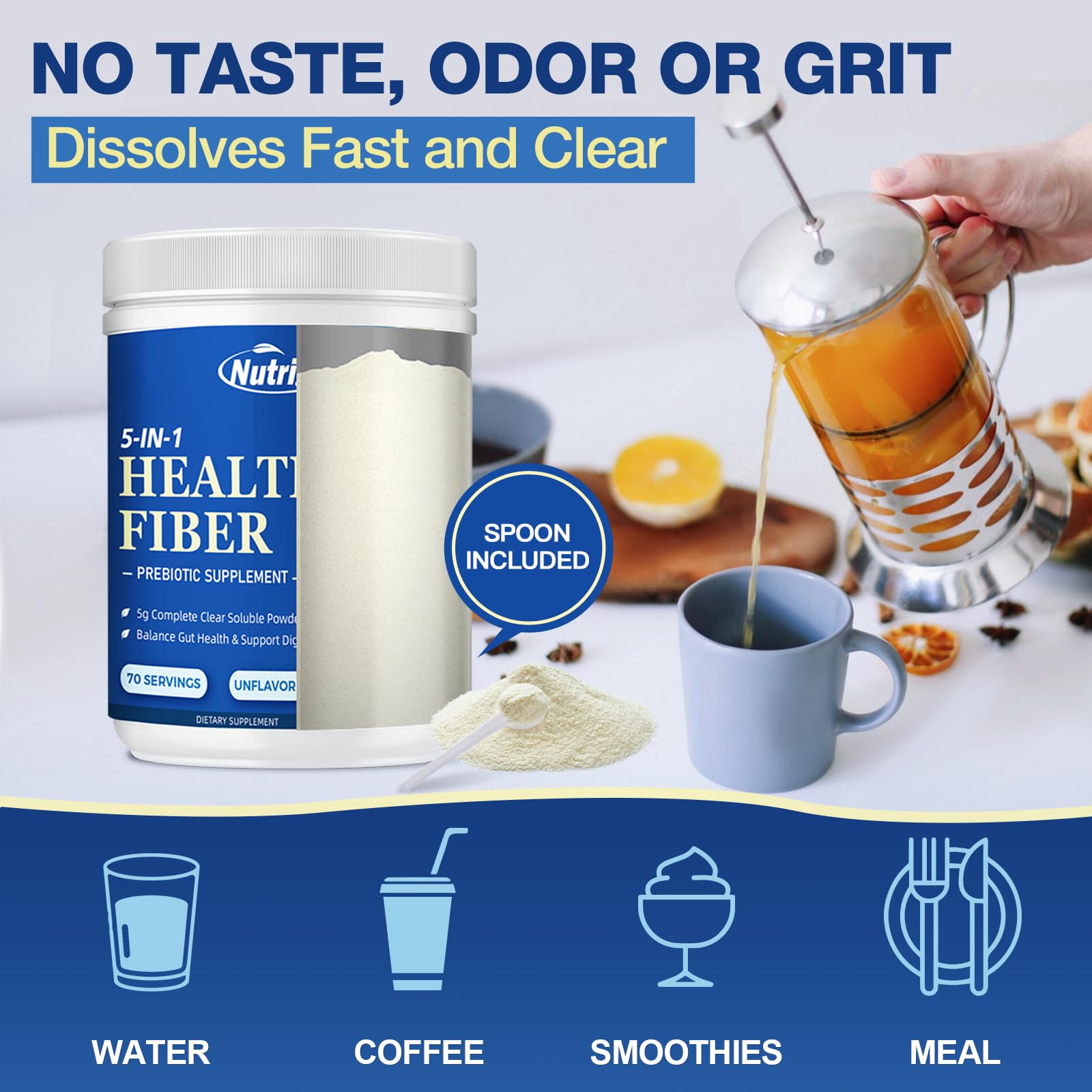 NutriGut polvo disolviéndose en agua demostrando mezcla sin grumos