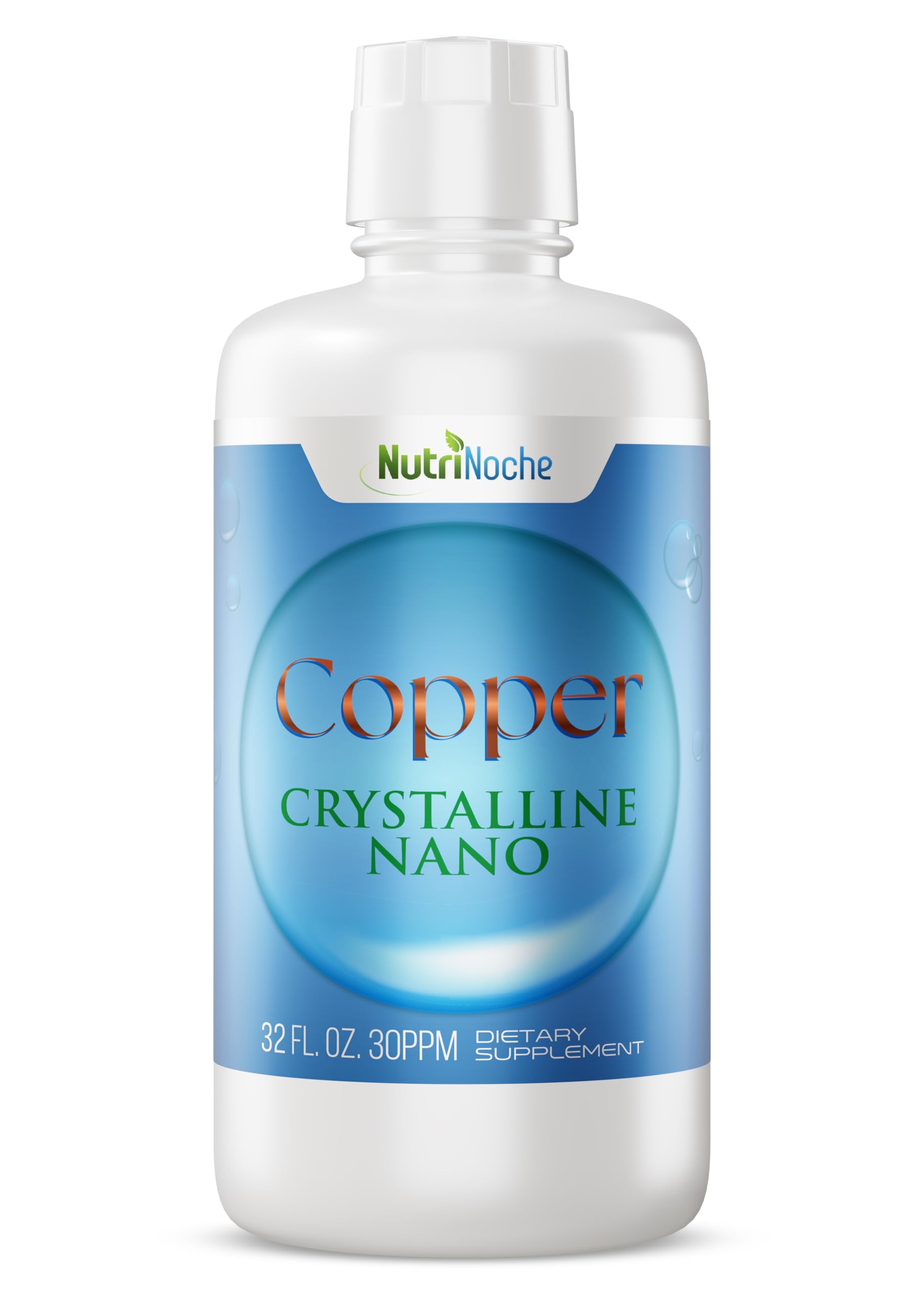 NutriNoche frasco frontal mostrando etiqueta y concentración 30 ppm, confianza en pureza