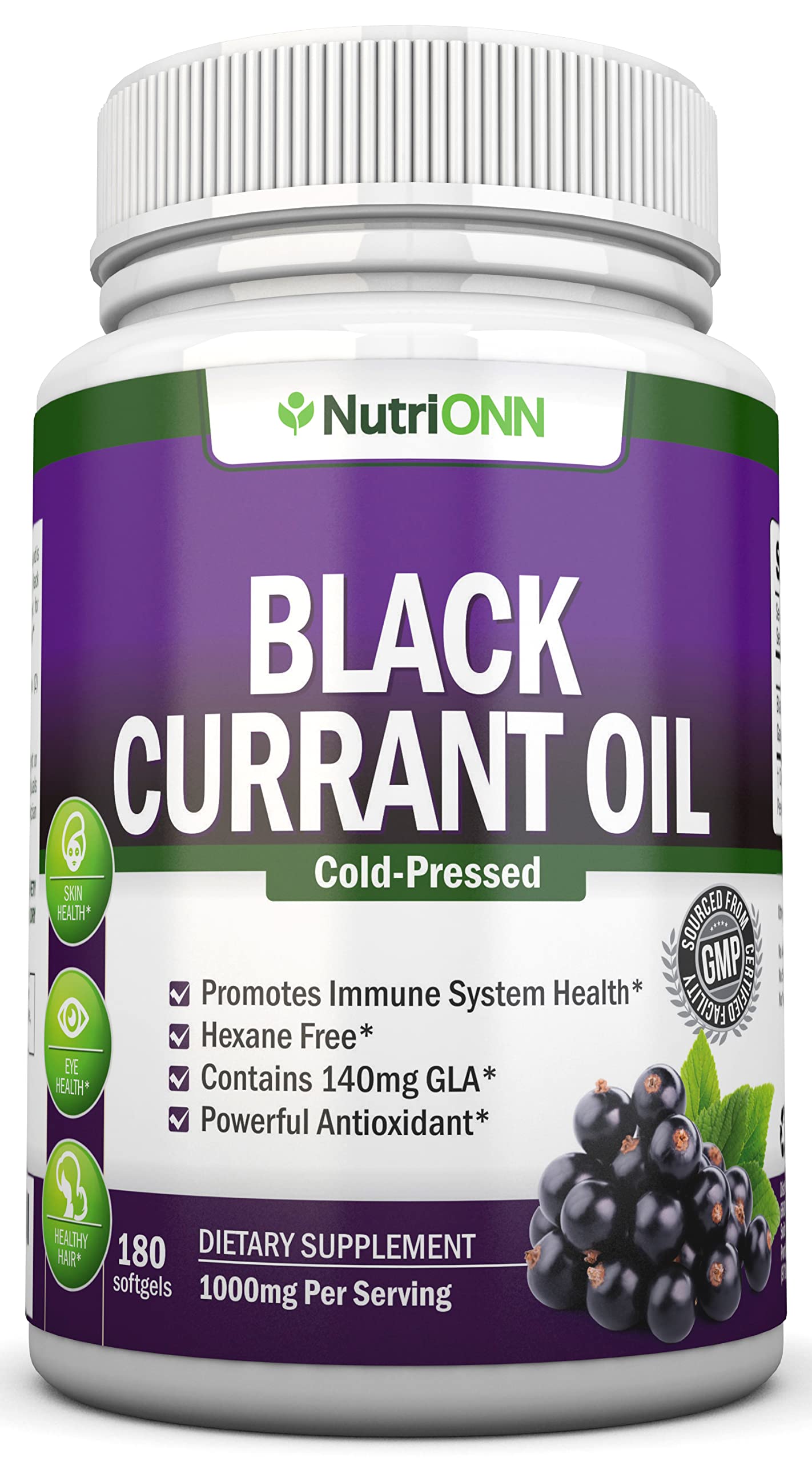 NutriONN envase frontal de aceite de grosella negra, claridad en ingredientes