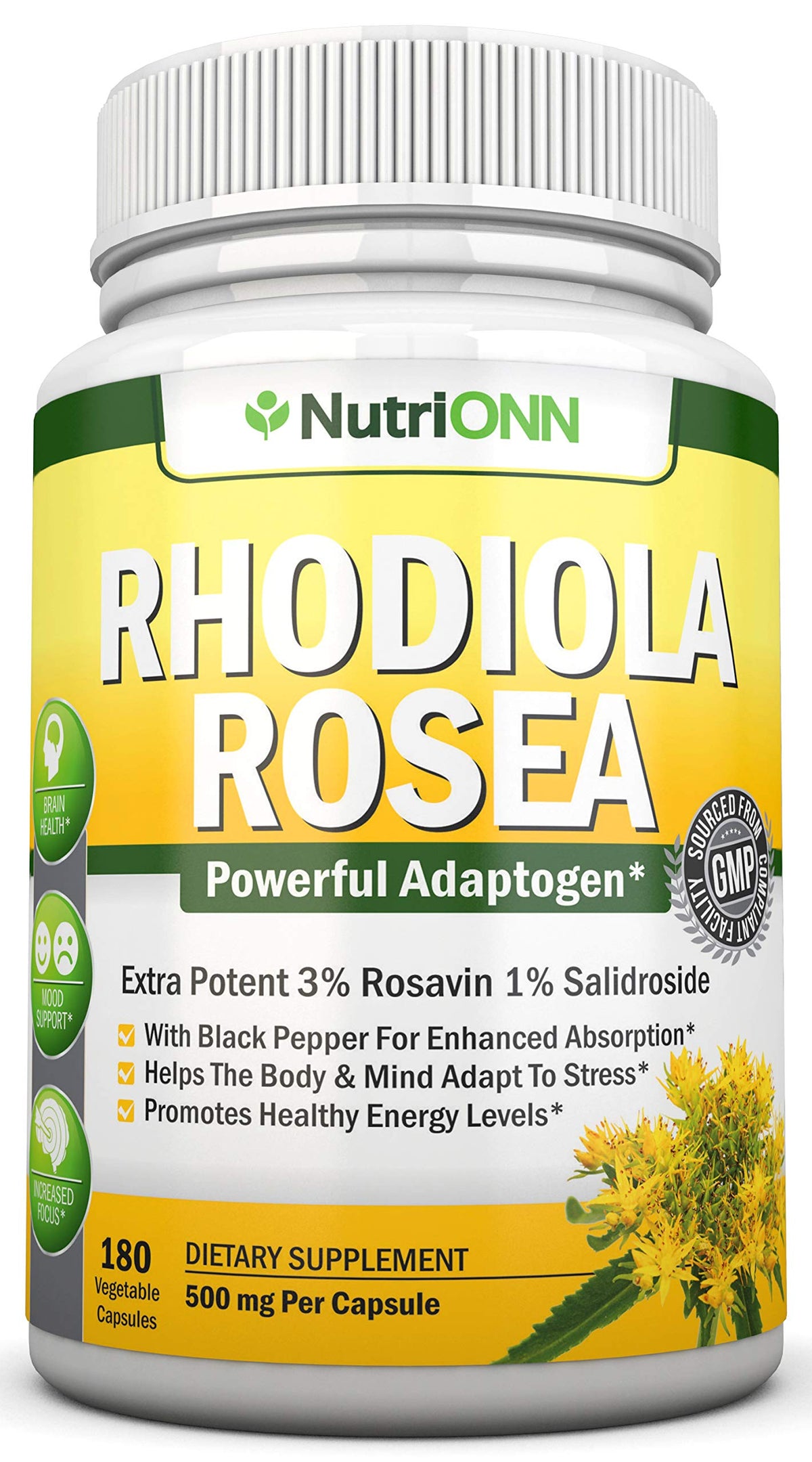 NutriONN frasco frontal mostrando 180 cápsulas y beneficios visibles