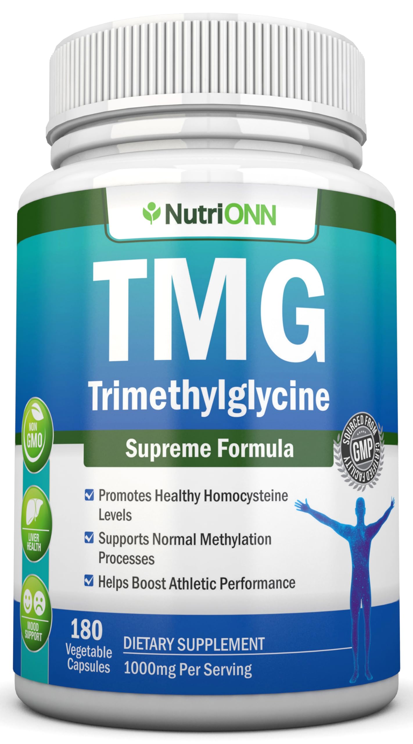 NutriONN bote frontal de TMG 1000 mg mostrando diseño y cantidad, fácil identificación del producto