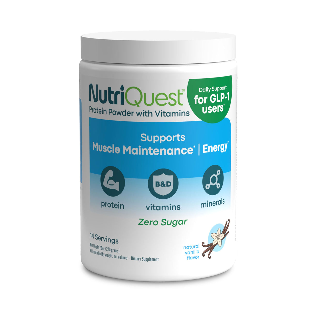 NutriQuest frente del empaque mostrando etiqueta y beneficio proteico